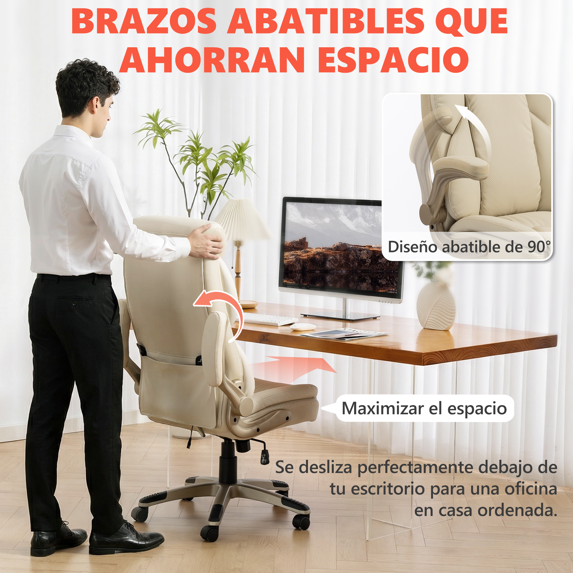 Un hombre empuja una silla de oficina beige bajo un escritorio para ahorrar espacio.