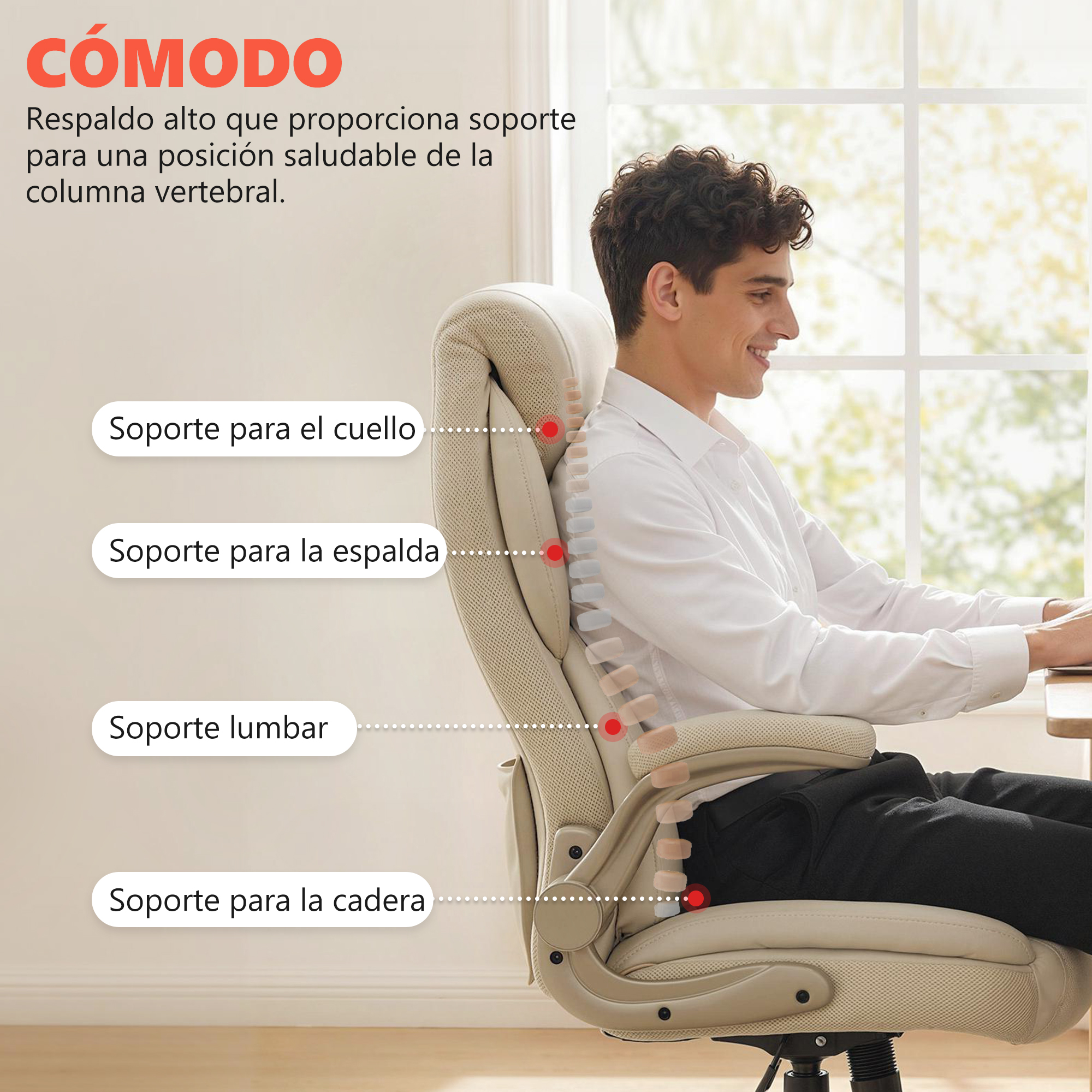 Hombre sentado en silla de oficina beige con respaldo alto que apoya la postura.
