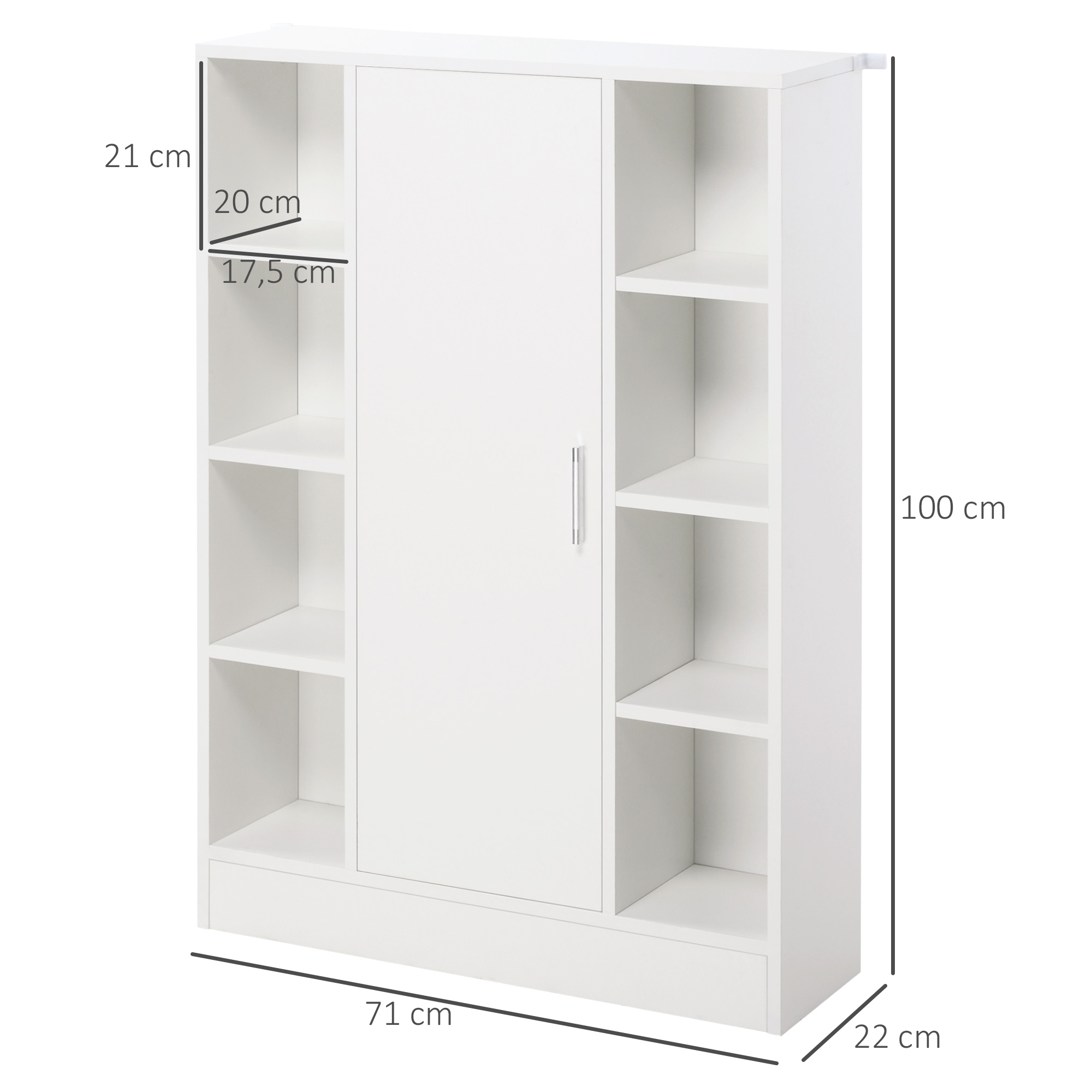 Mueble blanco con puerta y estantes abiertos. Dimensiones 100x71x22 cm.