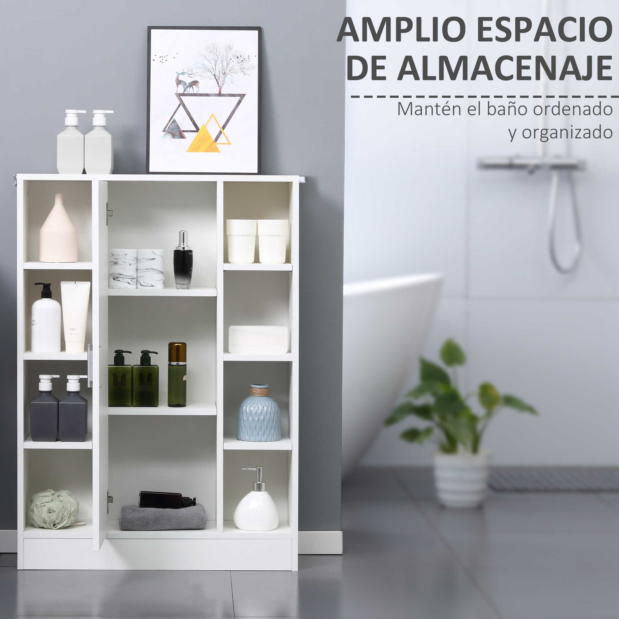 Un armario blanco con artículos de baño y un cuadro en la pared.