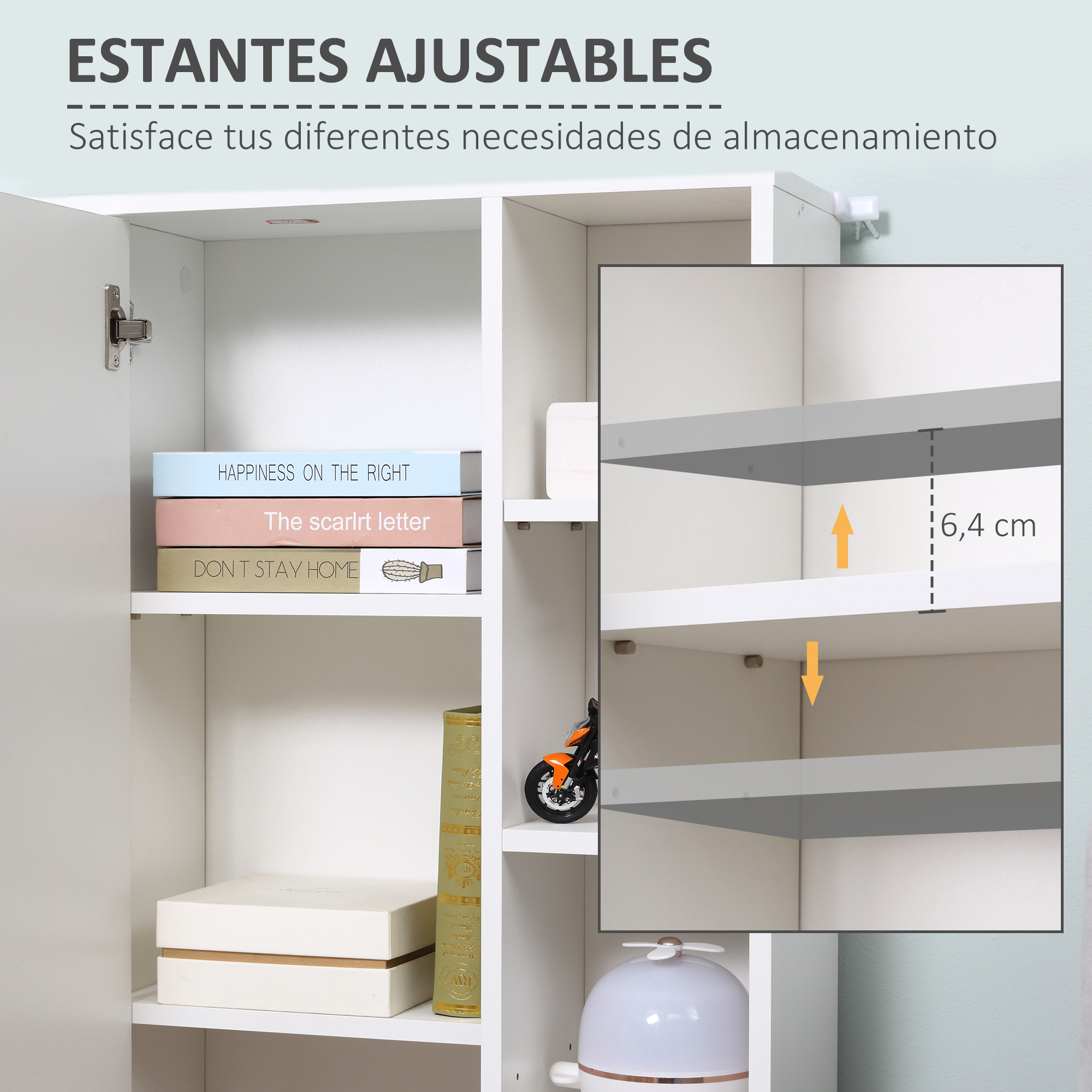 Un estante blanco con libros, una caja de regalo, una moto de juguete y un difusor.