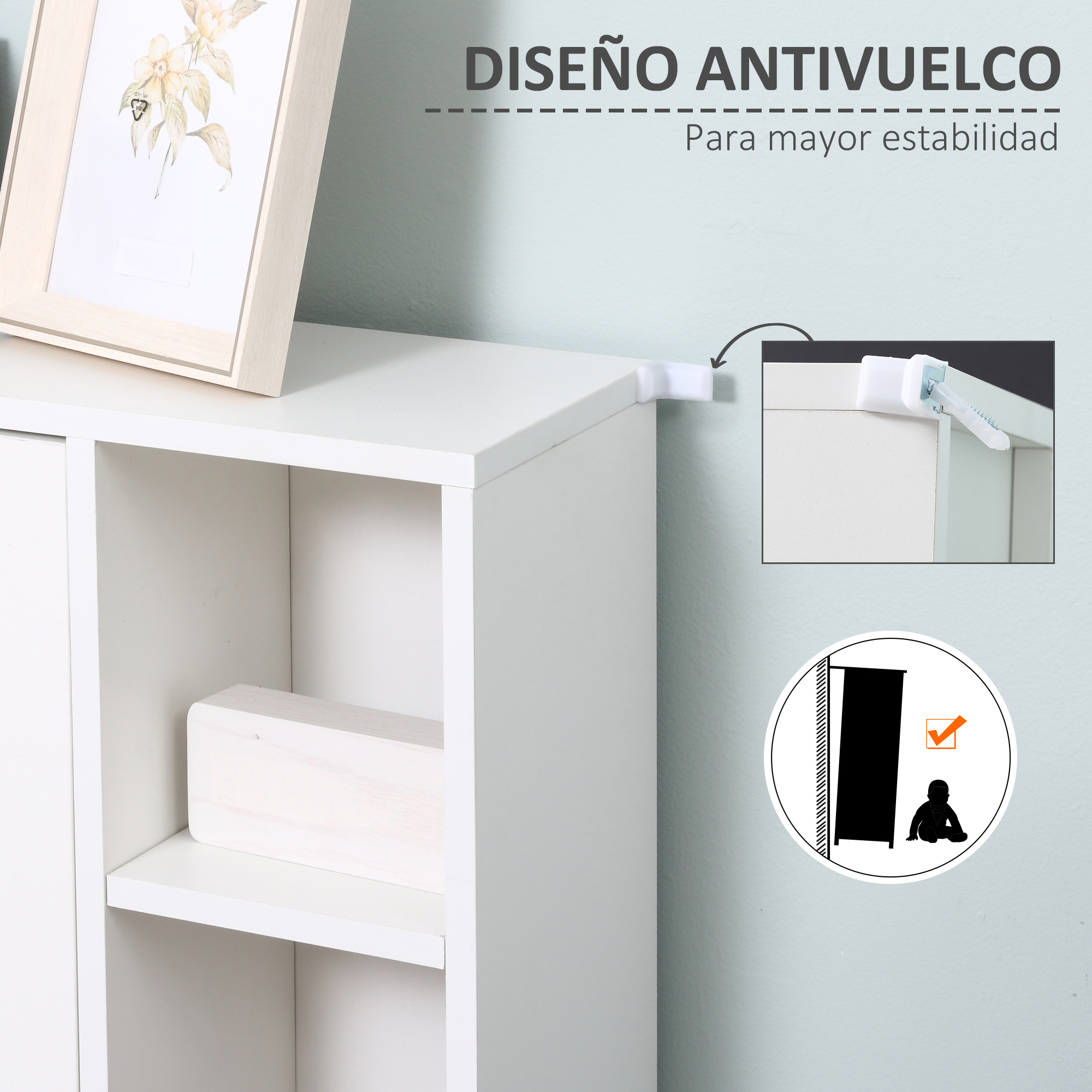 Estante blanco con cuadro enmarcado y herrajes antivuelco. Texto: Diseño antivuelco.