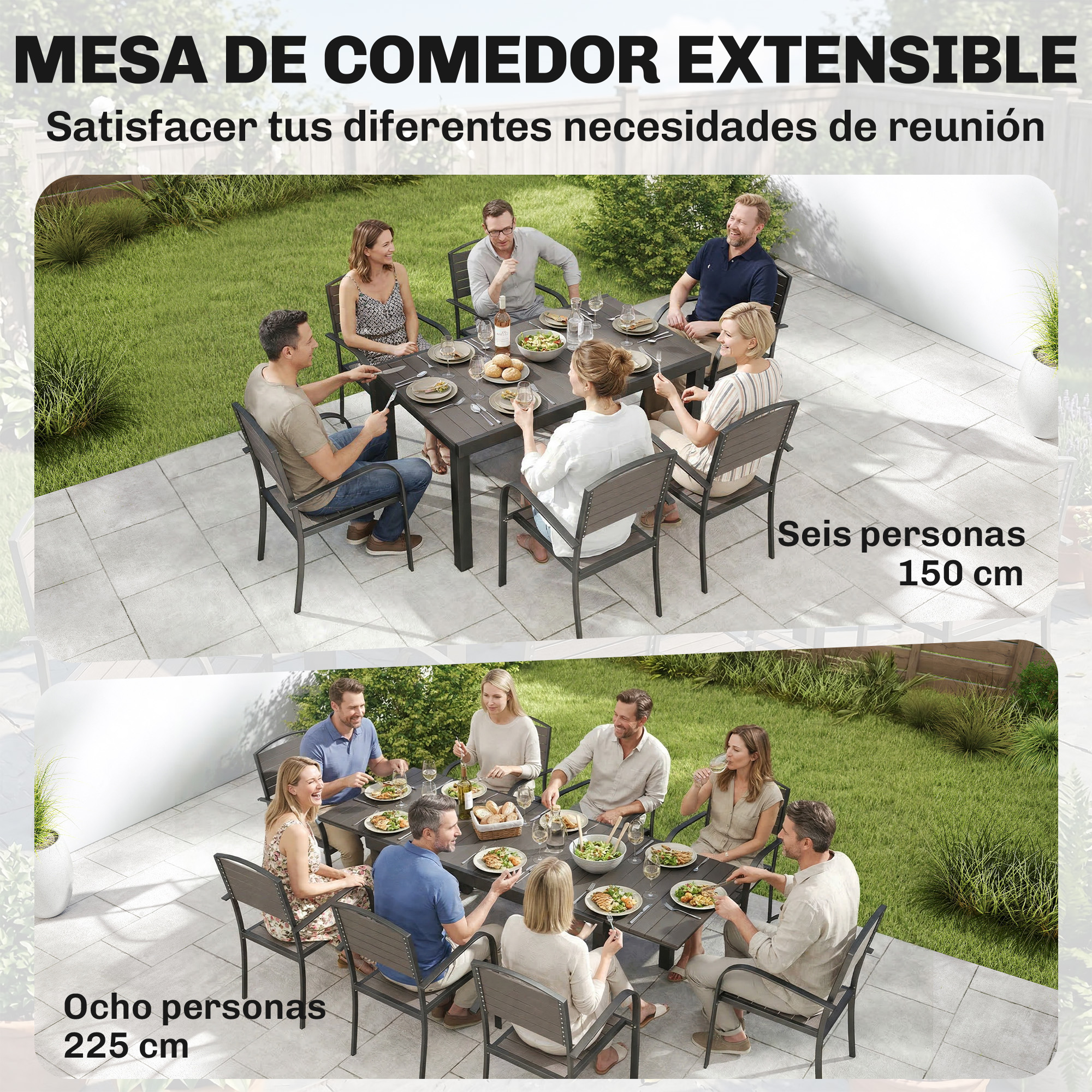 Dos mesas de comedor exteriores con personas, una para 6, otra para 8.
