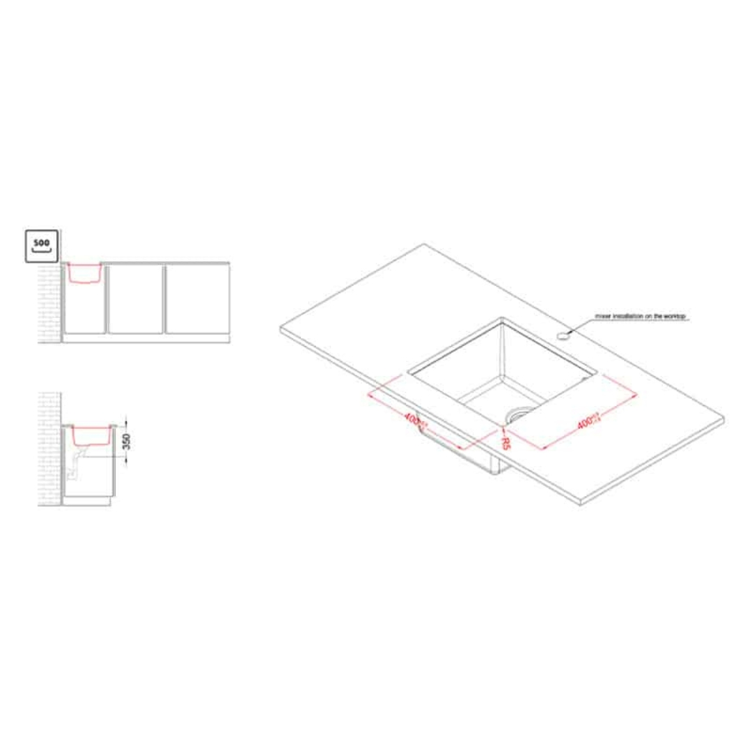 Disegno tecnico di un lavello con dimensioni su un piano di lavoro.