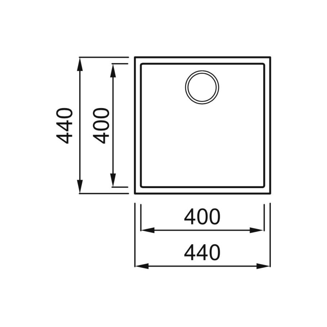 Disegno tecnico di un lavello quadrato con dimensioni. 440x400mm.