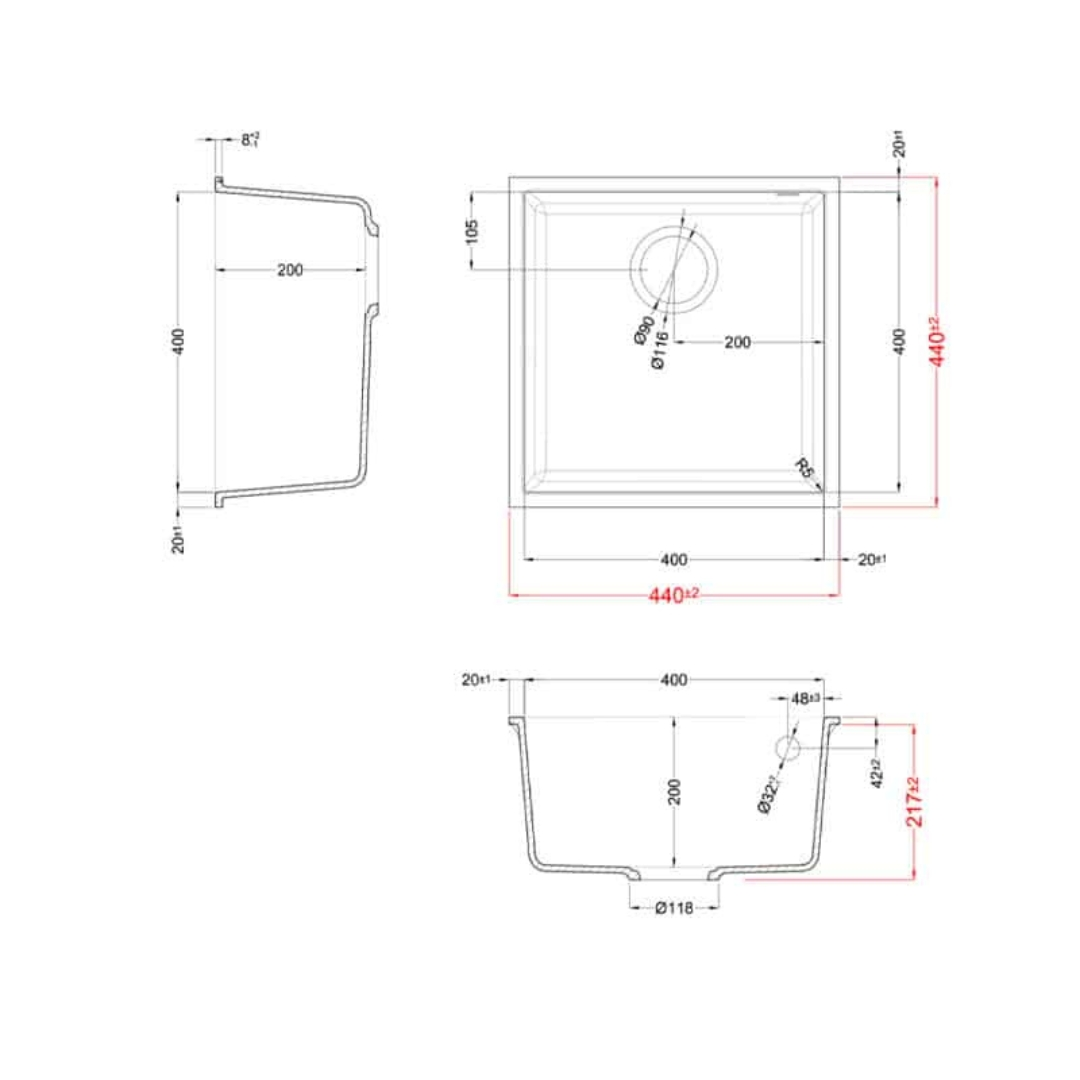 Disegno tecnico di un lavello con dimensioni.