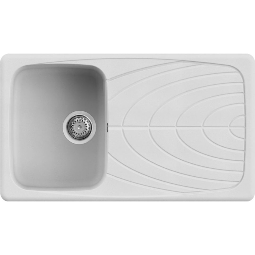 Lavello bianco con scivolo e scarico in metallo. Linee pulite.