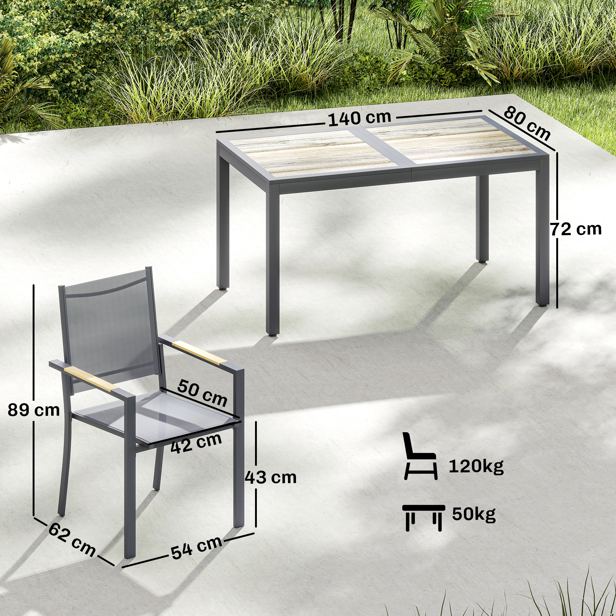 Una silla de jardín y una mesa con dimensiones se muestran sobre losas de hormigón.