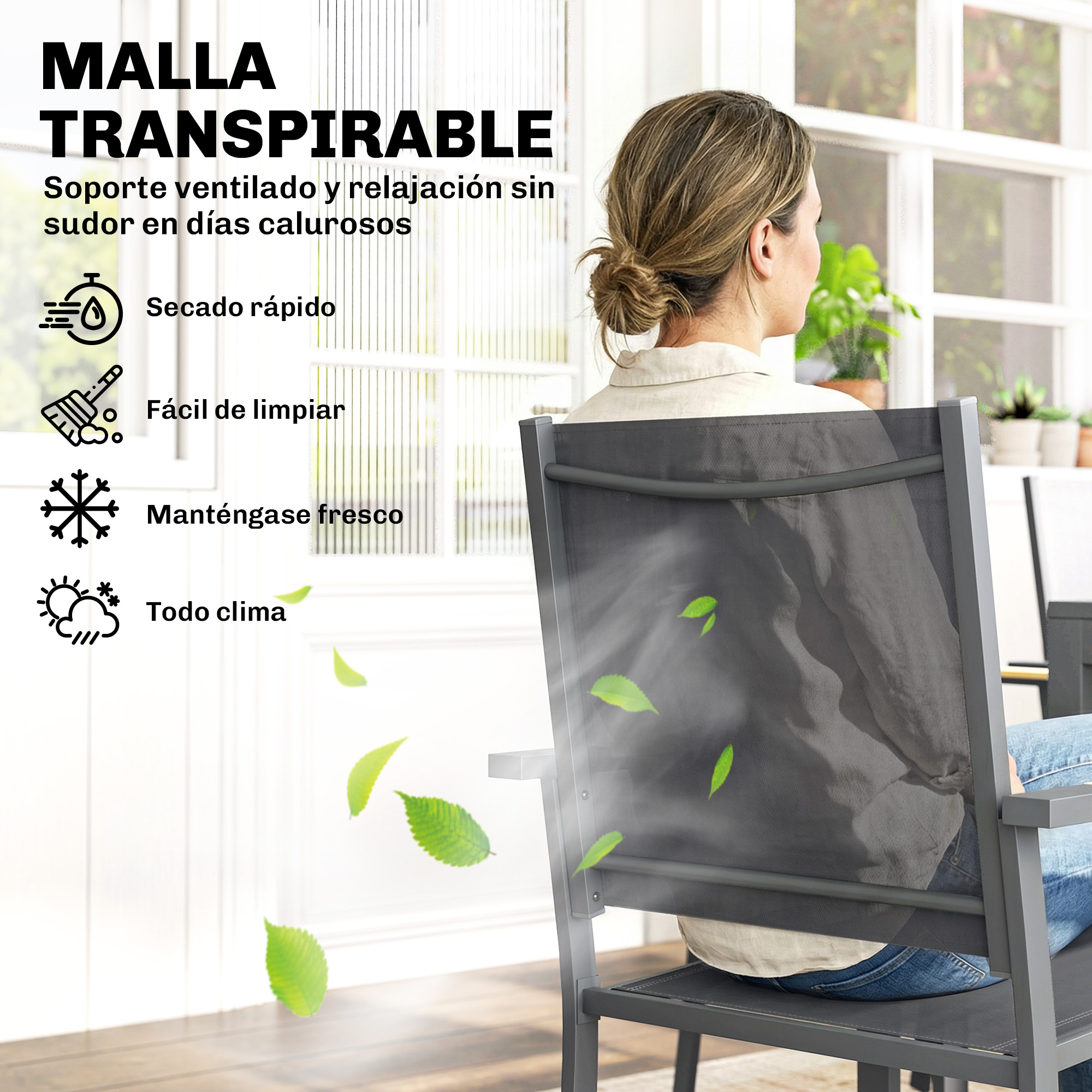 Una mujer sentada en una silla de malla con hojas cayendo. Características: secado rápido.