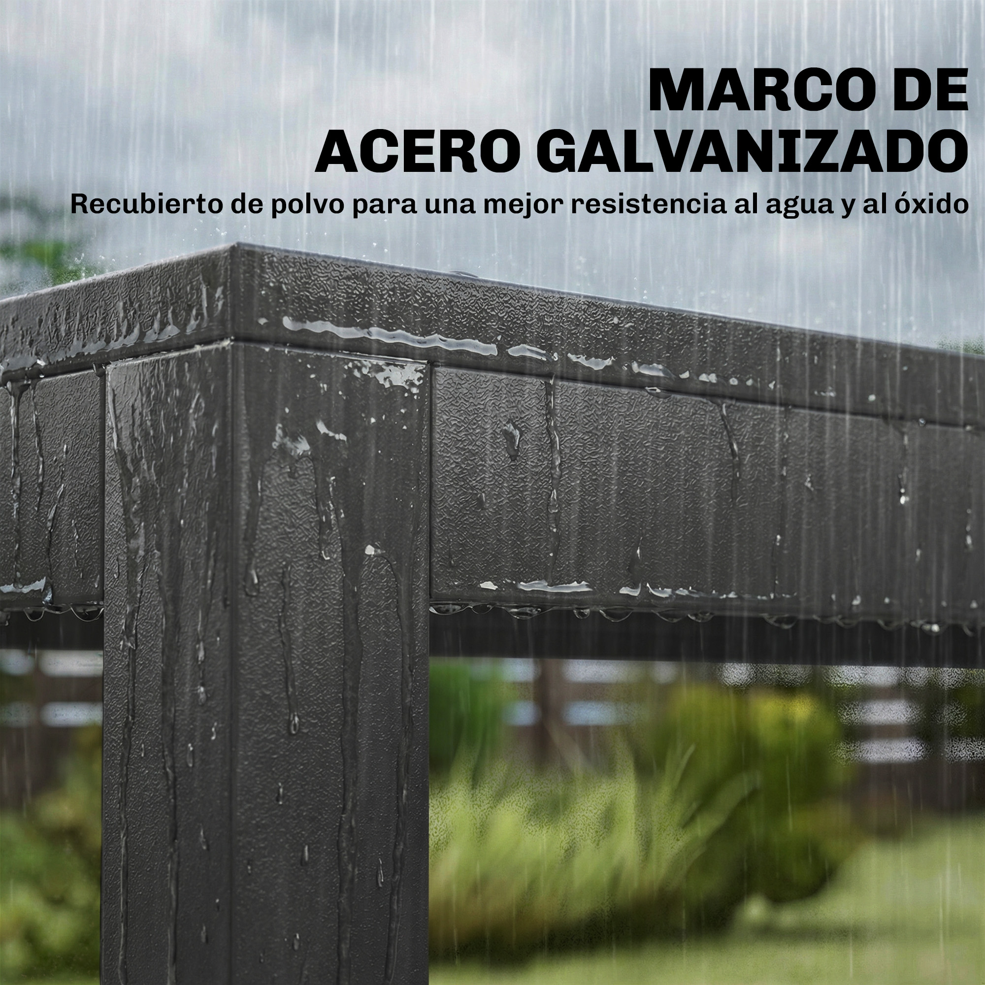 Marco metálico gris bajo la lluvia, con recubrimiento en polvo.