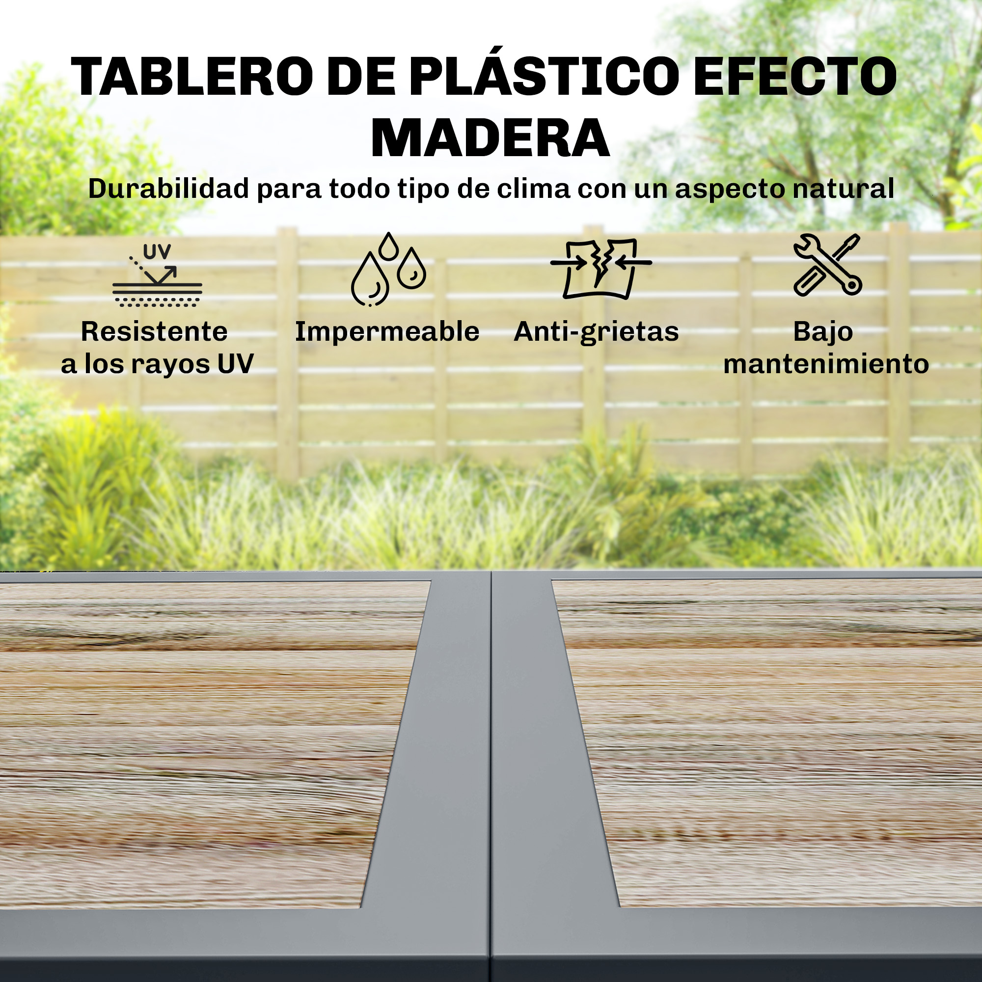 Tablero plástico efecto madera: resistente UV, impermeable, anti-grietas, bajo mantenimiento.