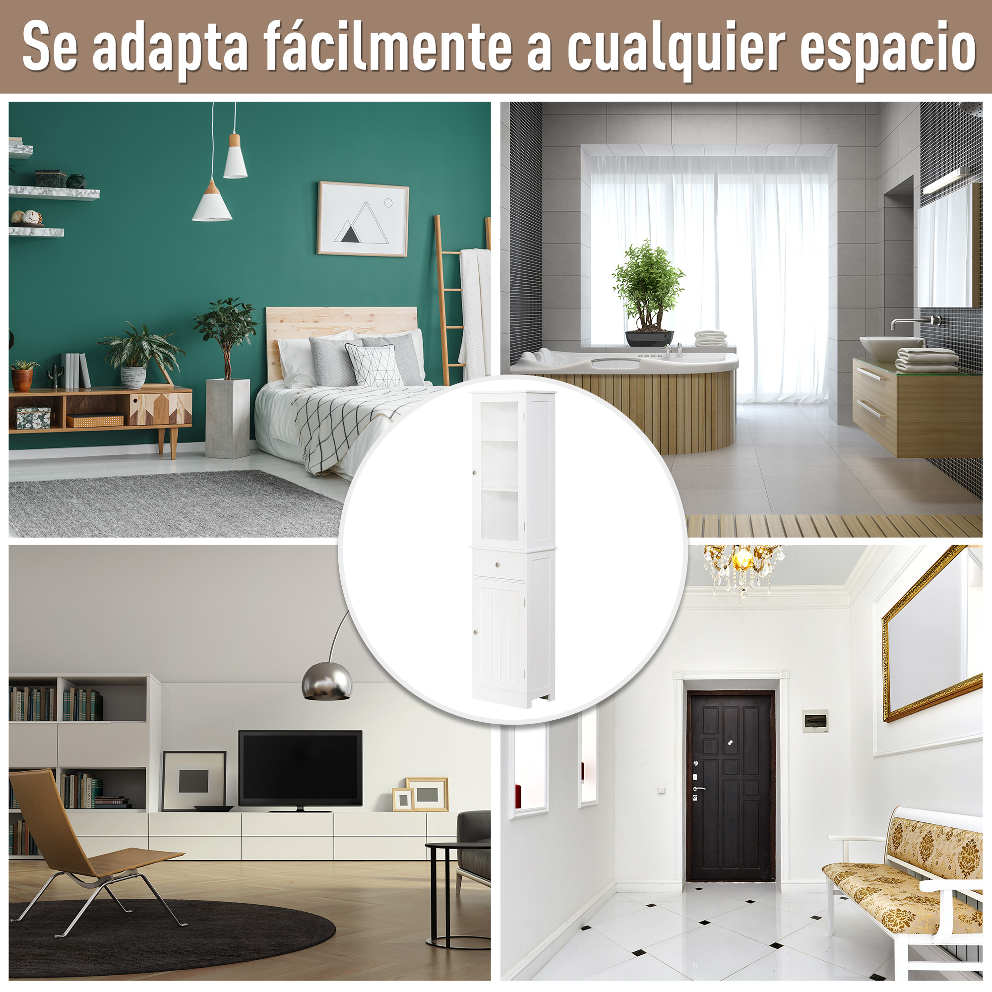 Collage de cuatro habitaciones: dormitorio, baño, sala y pasillo.