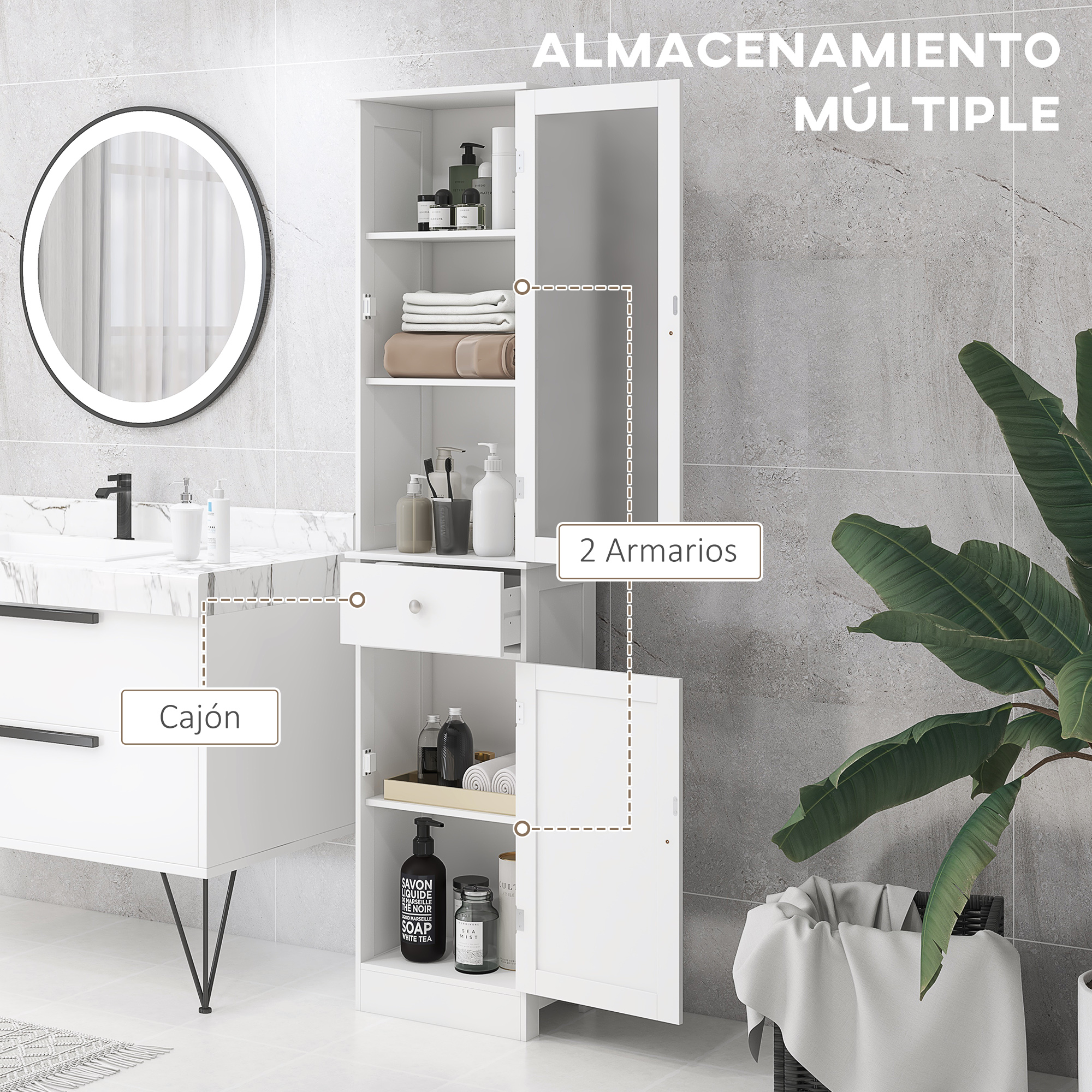 Un mueble de baño blanco con espejo, cajón y planta.