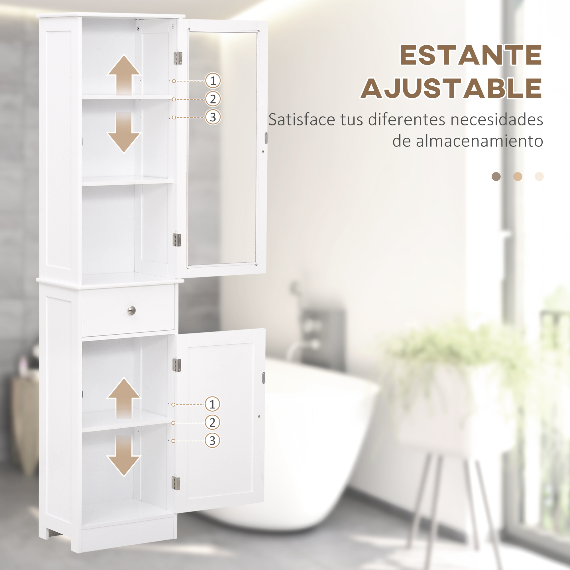 Gabinete de baño blanco con una puerta abierta, mostrando estantes.