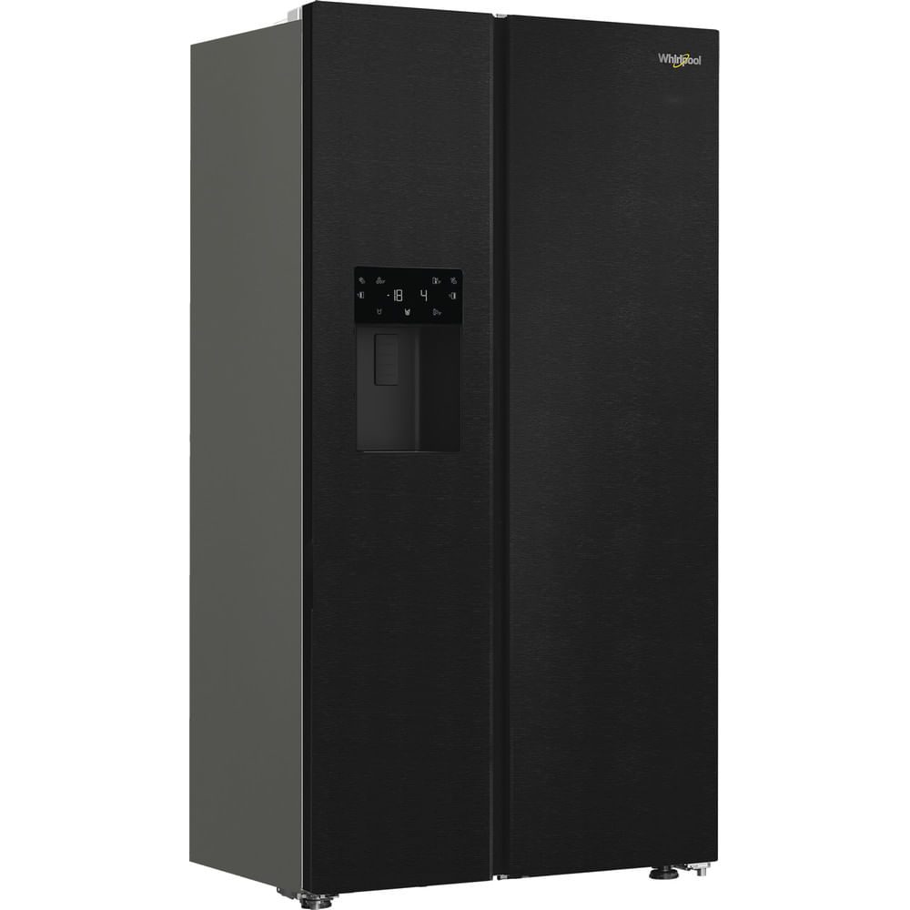 Frigorifero side-by-side nero con dispenser d'acqua e display digitale.