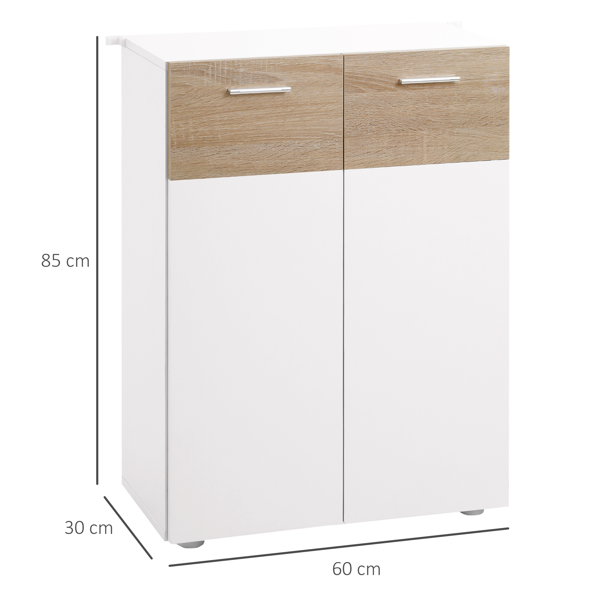 Un mueble blanco con dos frentes de cajón efecto madera y dos puertas.