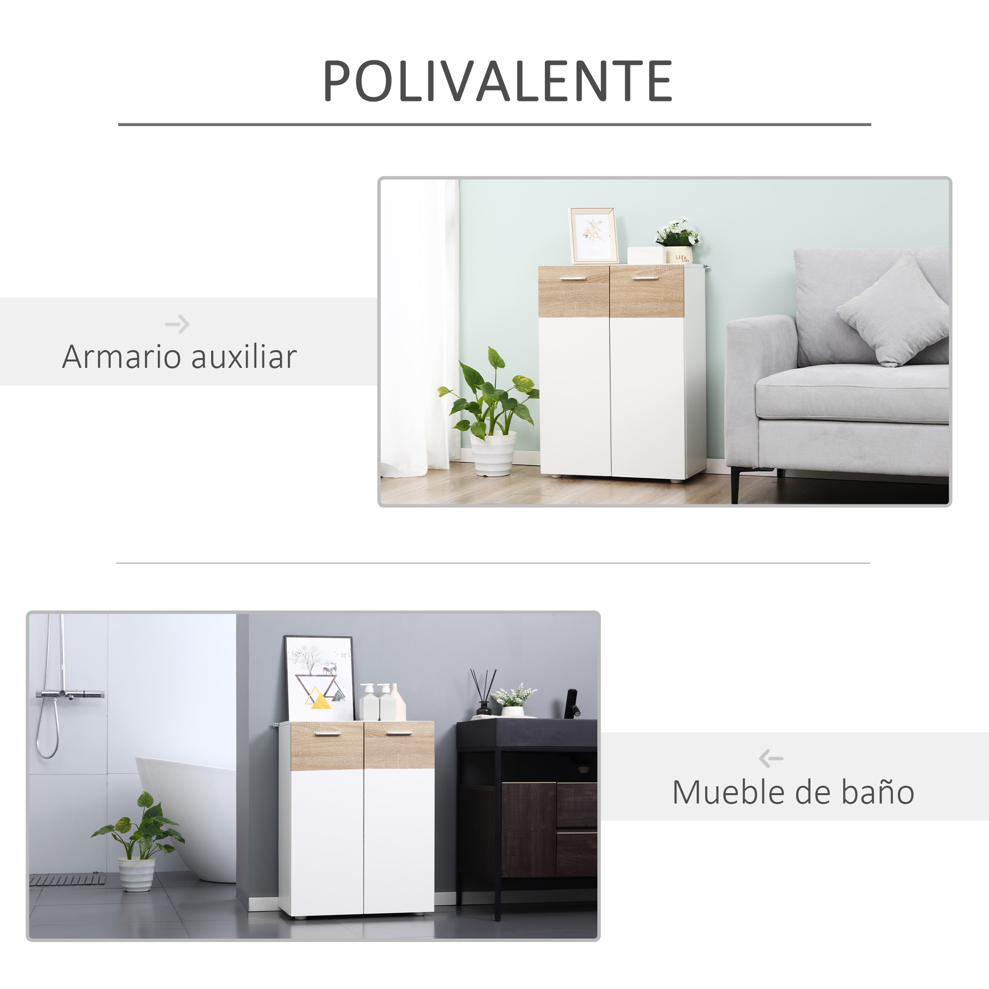 Un armario blanco y marrón junto a un sofá gris y una planta.