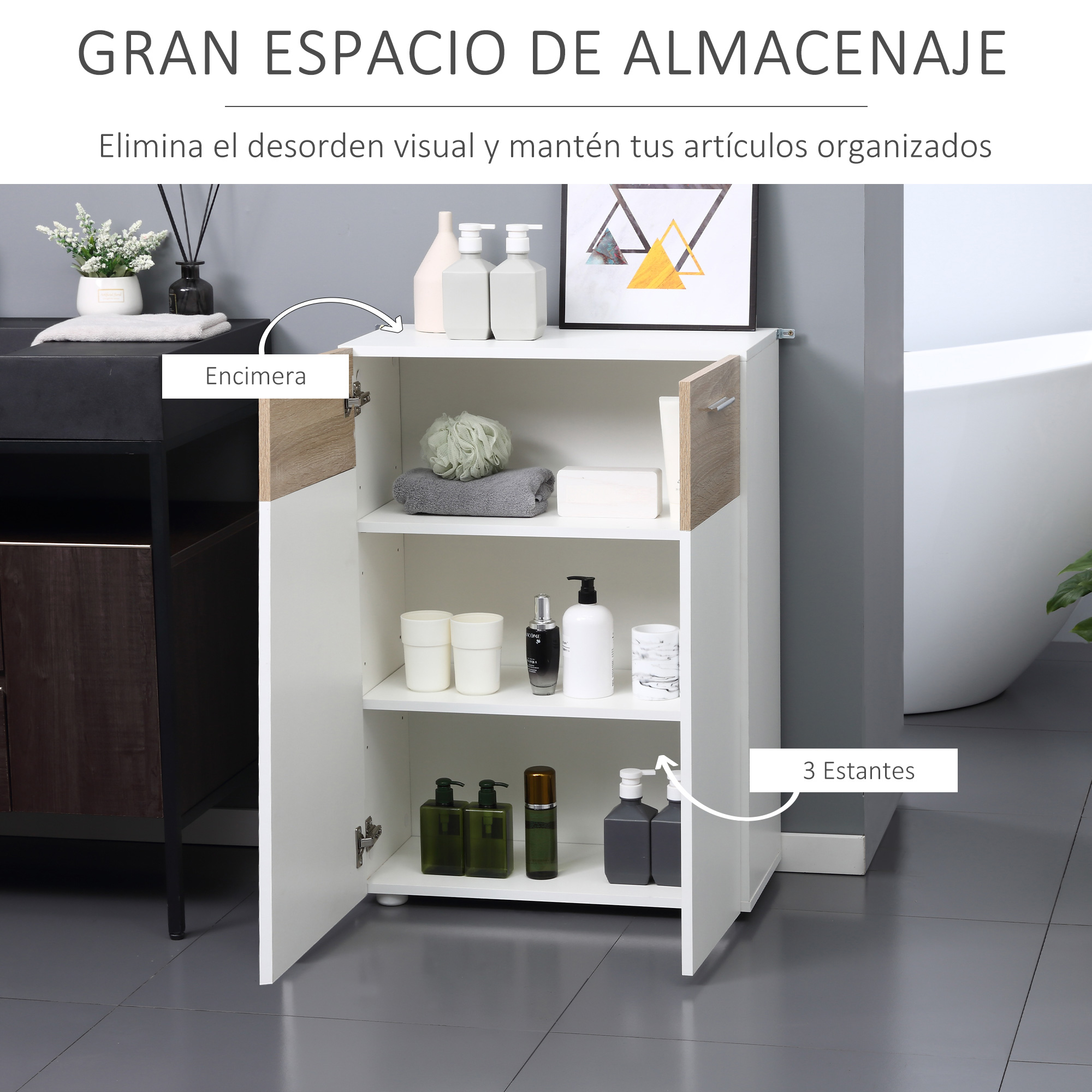 Un mueble de baño blanco con tres estantes, lleno de artículos de tocador.