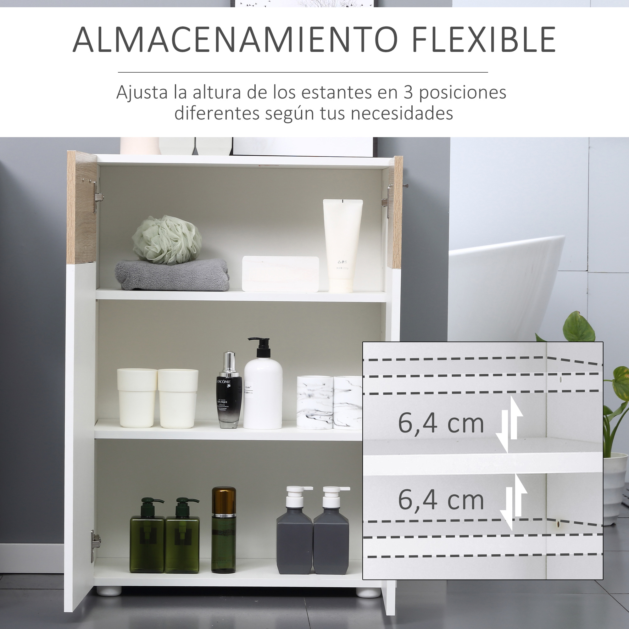 Armario de baño con estantes ajustables, lleno de artículos de baño.