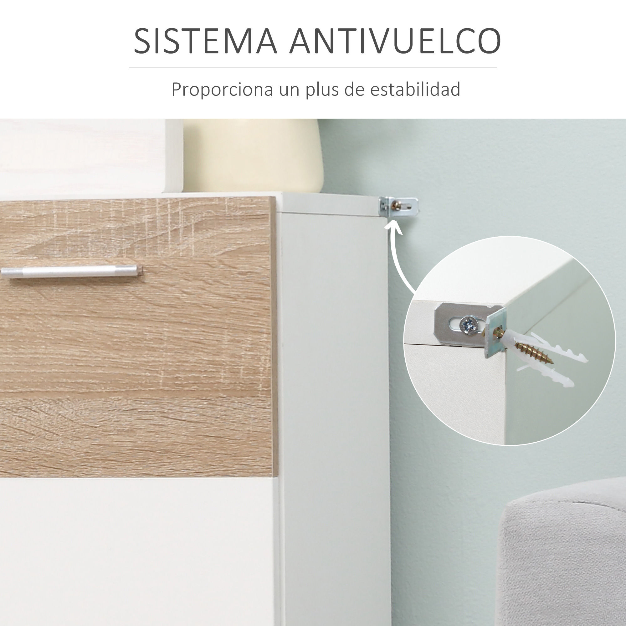 Sistema antivuelco: Soporte de pared con tornillo y taco en mueble blanco.
