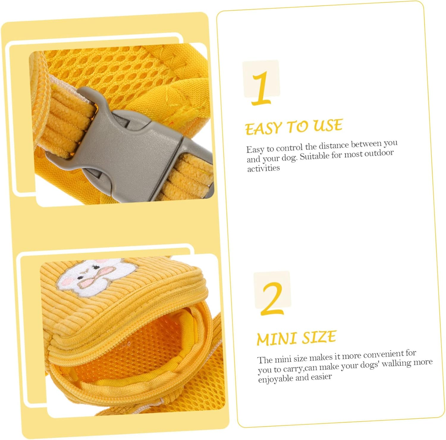 Gelber Hundegeschirr-Clip und Mini-Tasche mit Hasenapplikation.