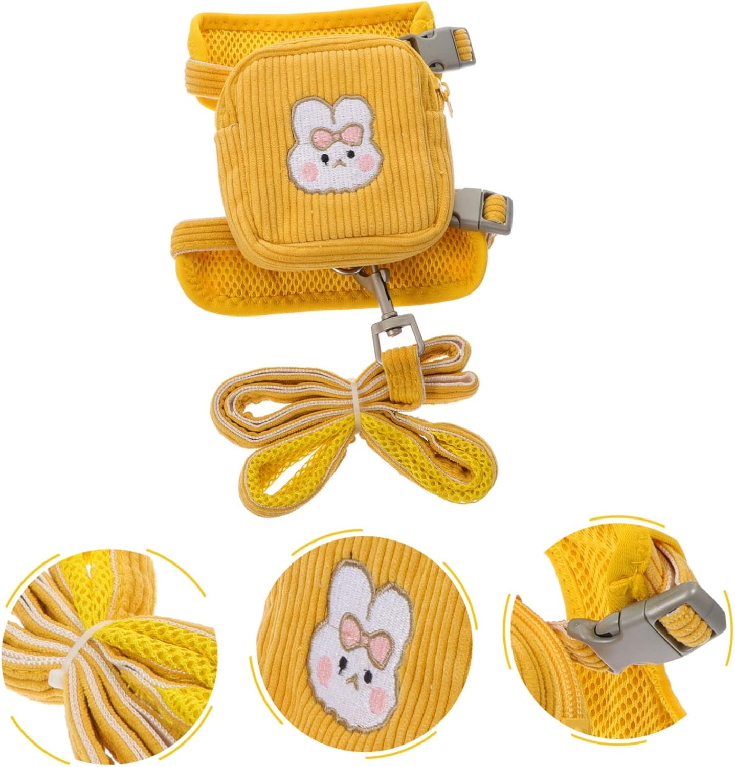 Gelbes Cord-Haustiergeschirr mit Hasendesign und kleiner Tasche.