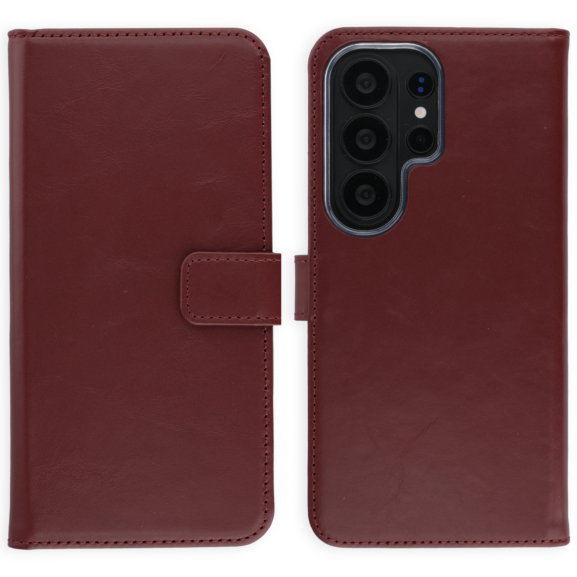 A dark red leather flip case for a smartphone, open, with camera cutout.