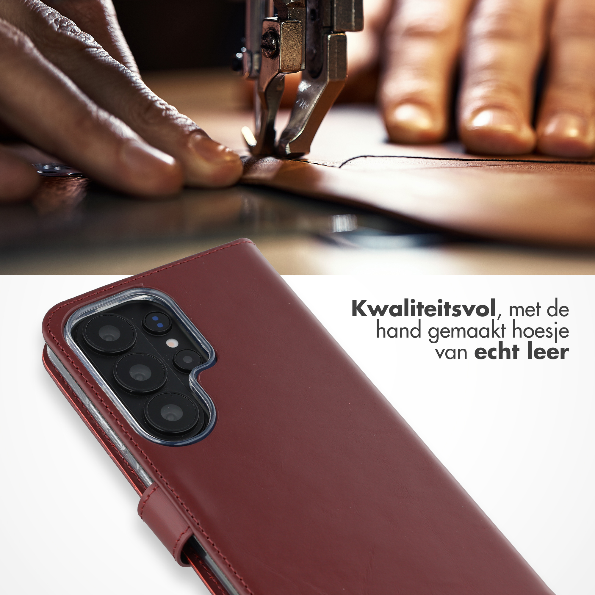 Hands sewing leather with machine; red phone case with cameras
