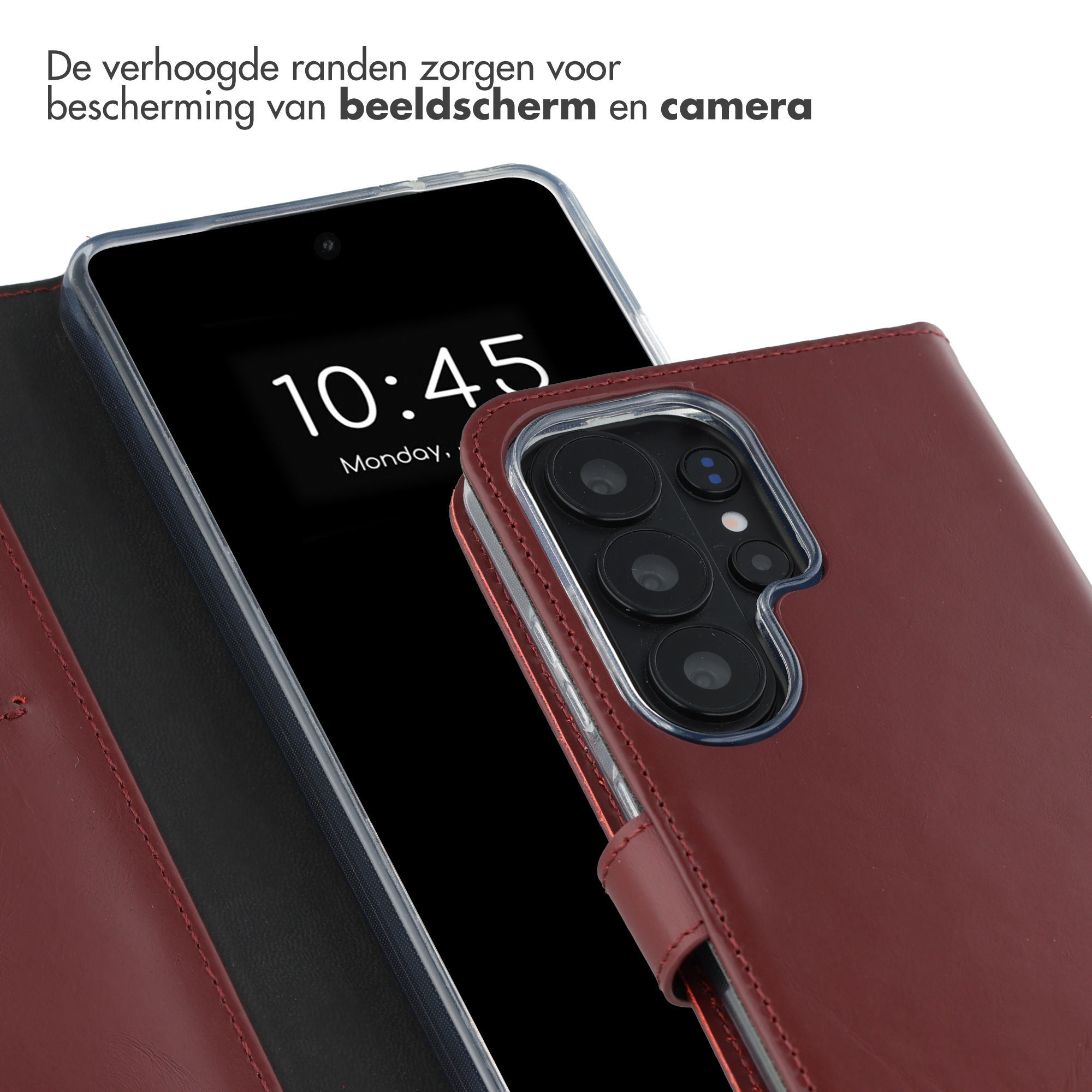 Red leather flip case protects a smartphone showing 10:45.
