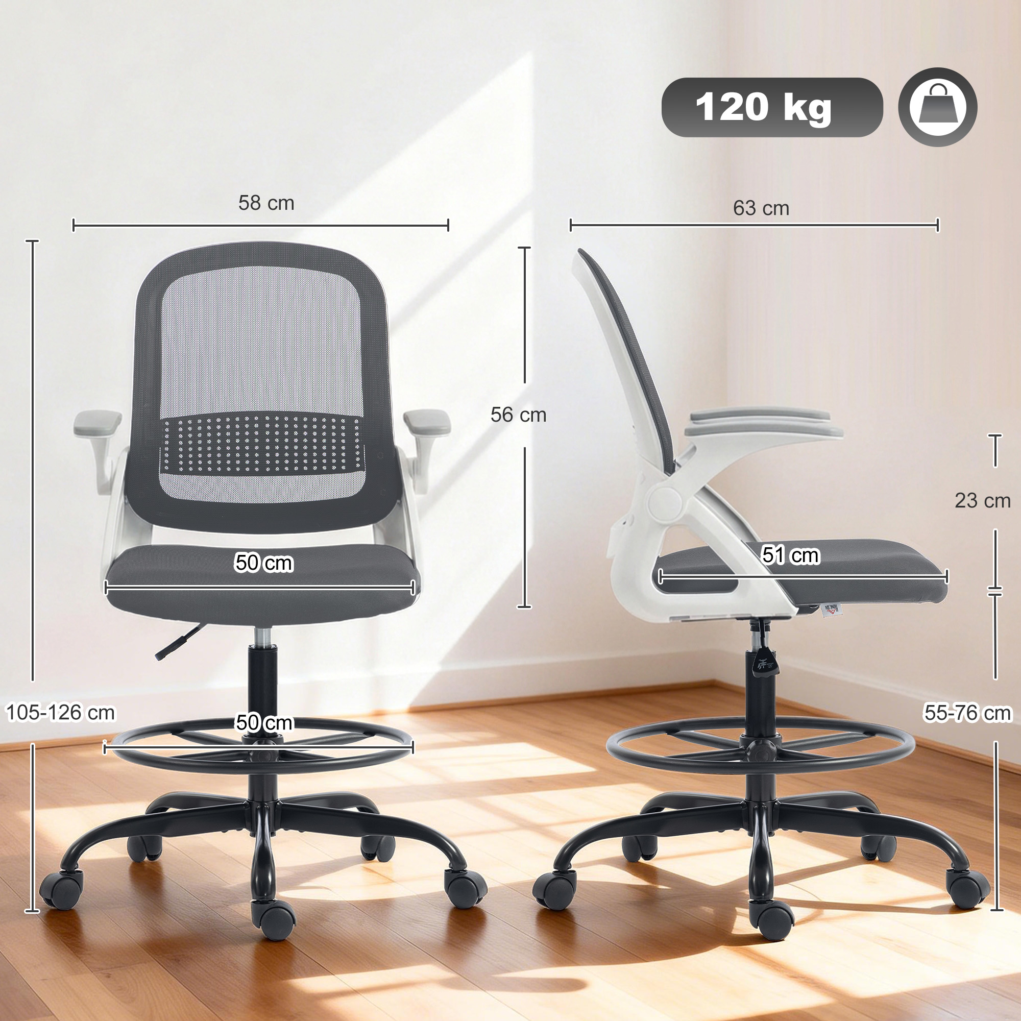 Dos sillas de oficina con dimensiones y capacidad de 120 kg.