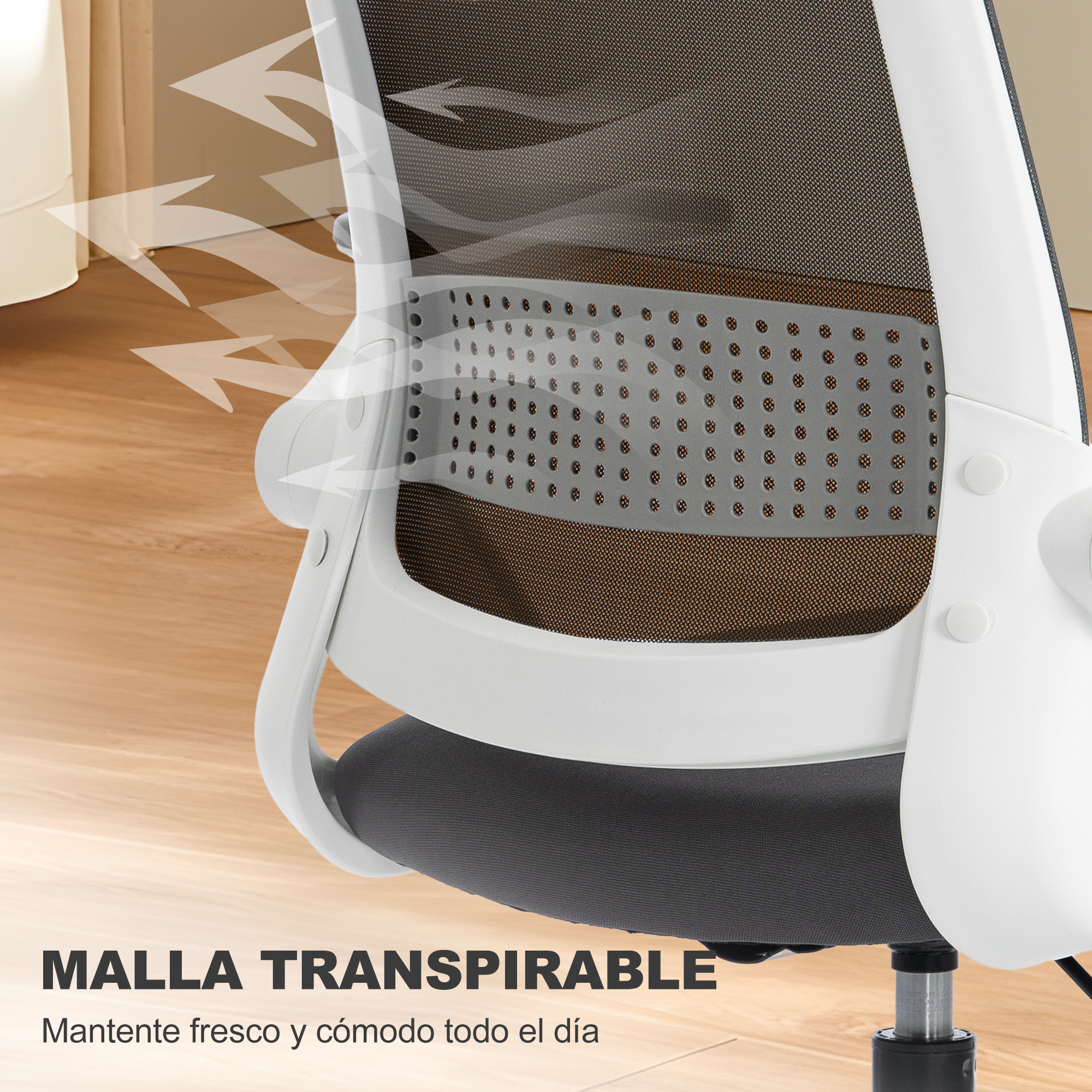 Silla de oficina con respaldo de malla transpirable y soporte lumbar.