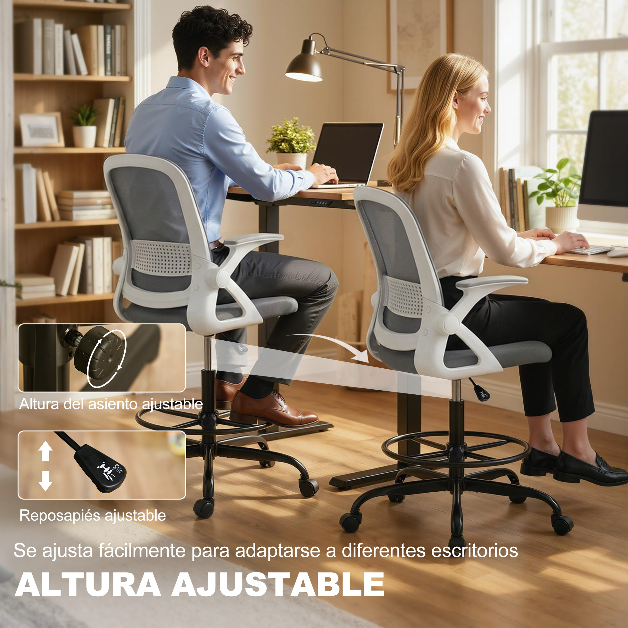 Hombre y mujer trabajando en escritorios, silla de oficina ajustable.