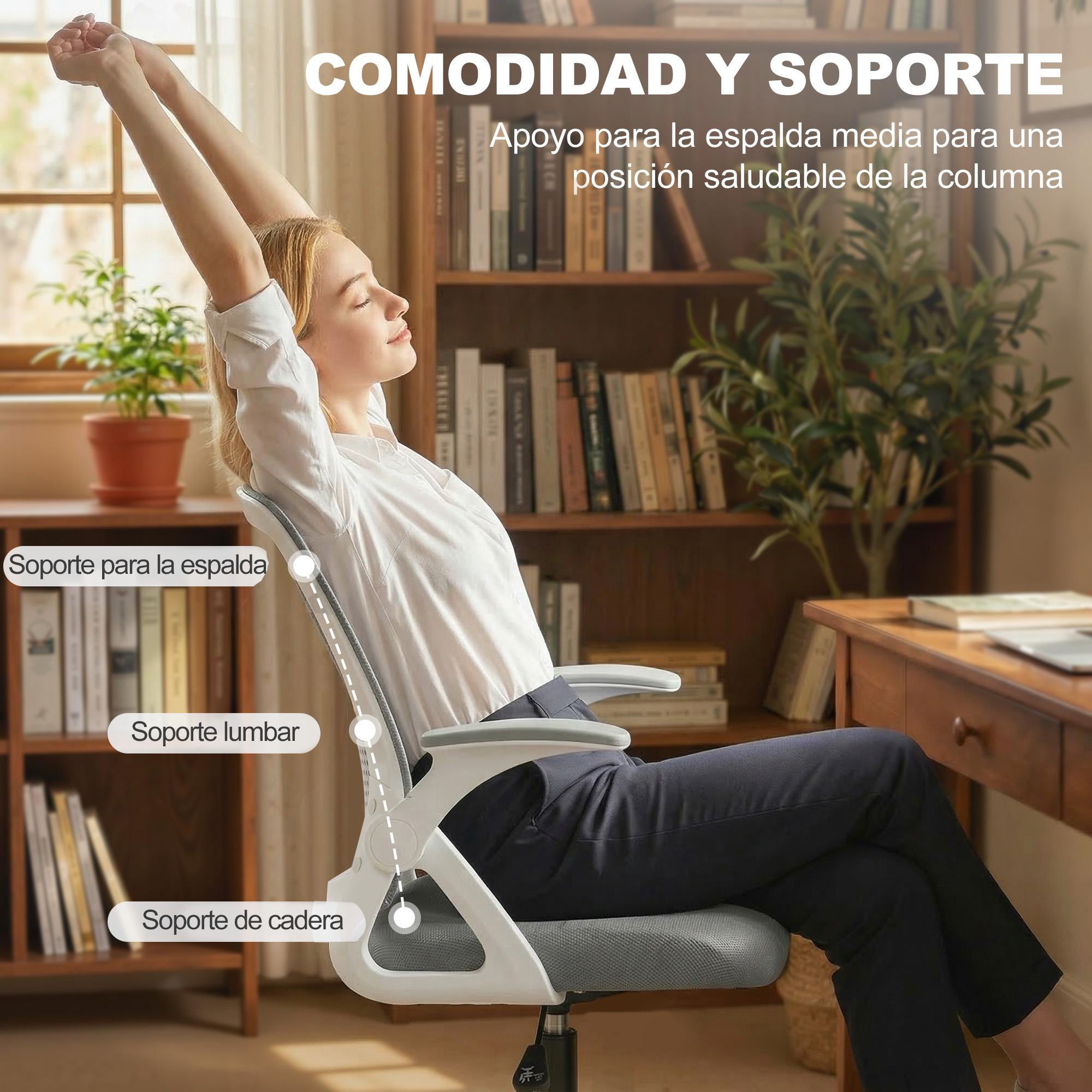Mujer estirándose en silla de oficina con soporte de espalda, lumbar y cadera.