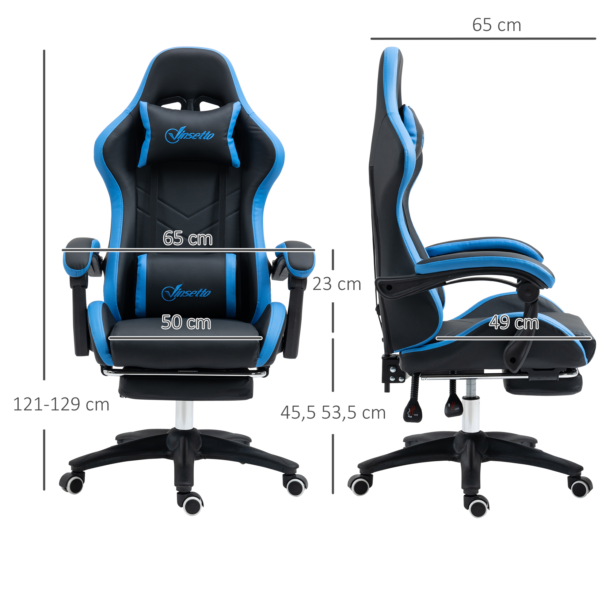 Una silla gamer negra y azul con dimensiones.