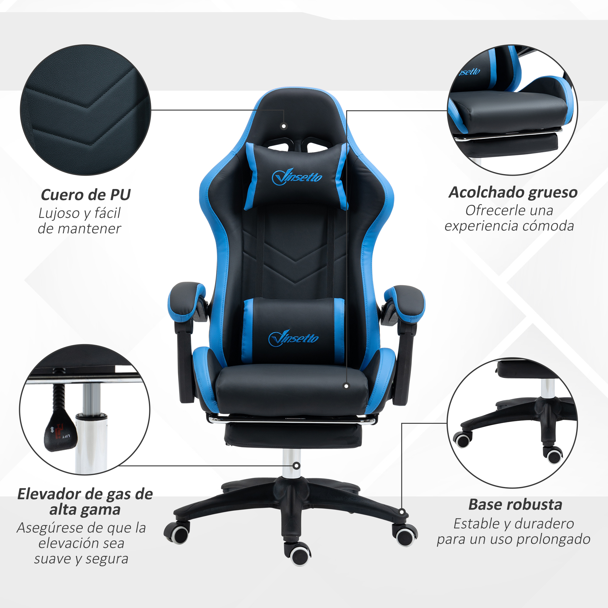 Una silla gamer negra y azul mostrada con primeros planos detallados.