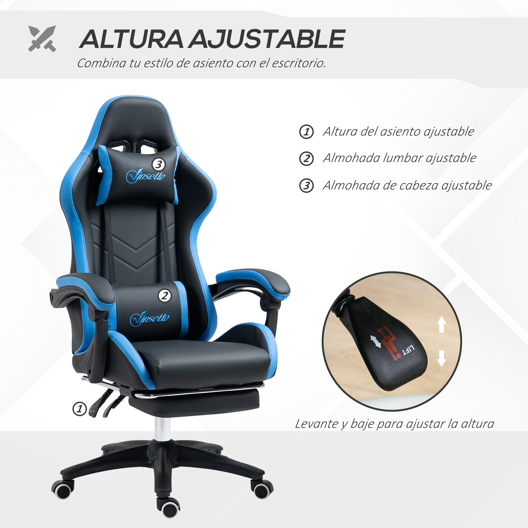 Una silla gamer negra y azul con altura, lumbares y cojines de cabeza ajustables.