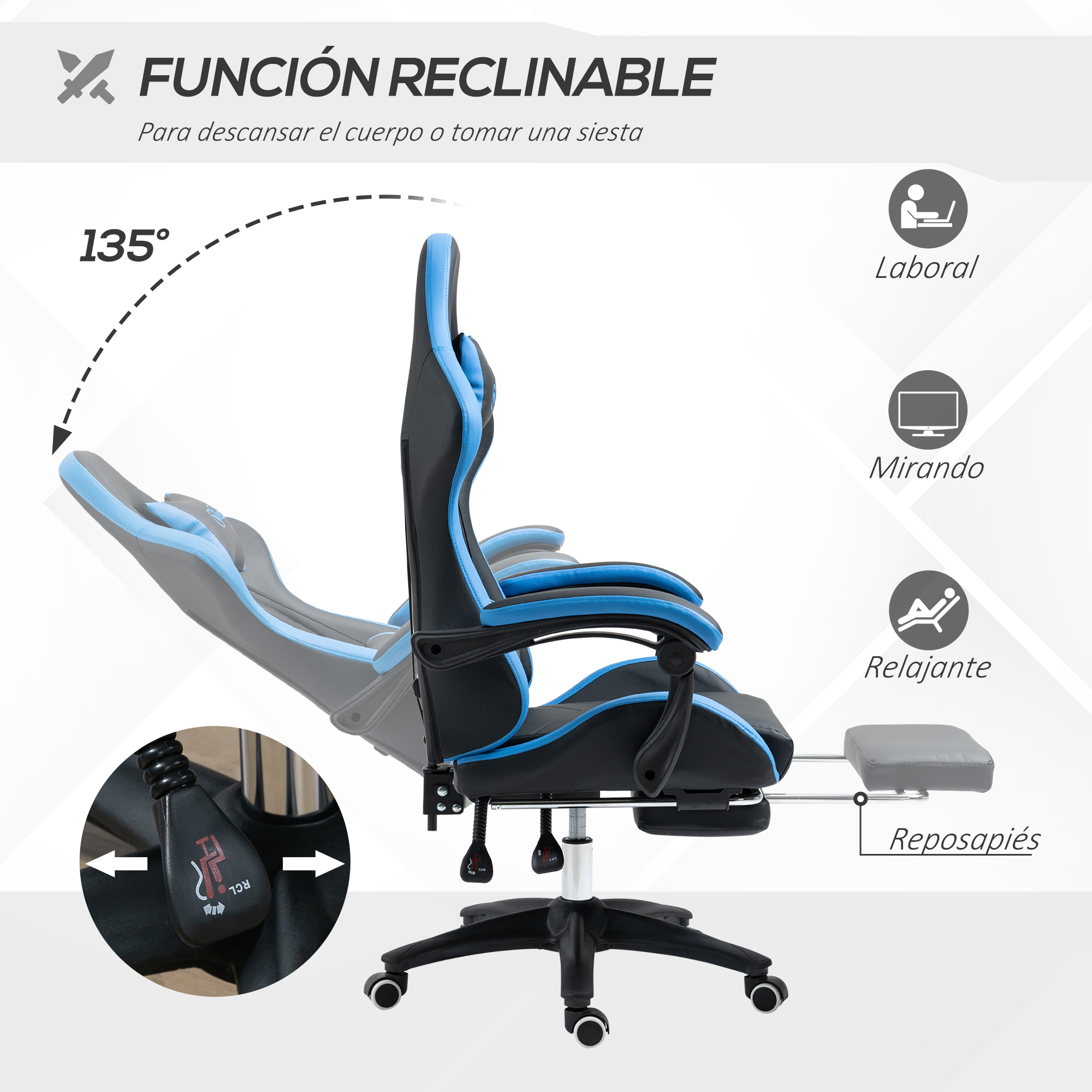 Silla gamer negra y azul con reposapiés y función reclinable.