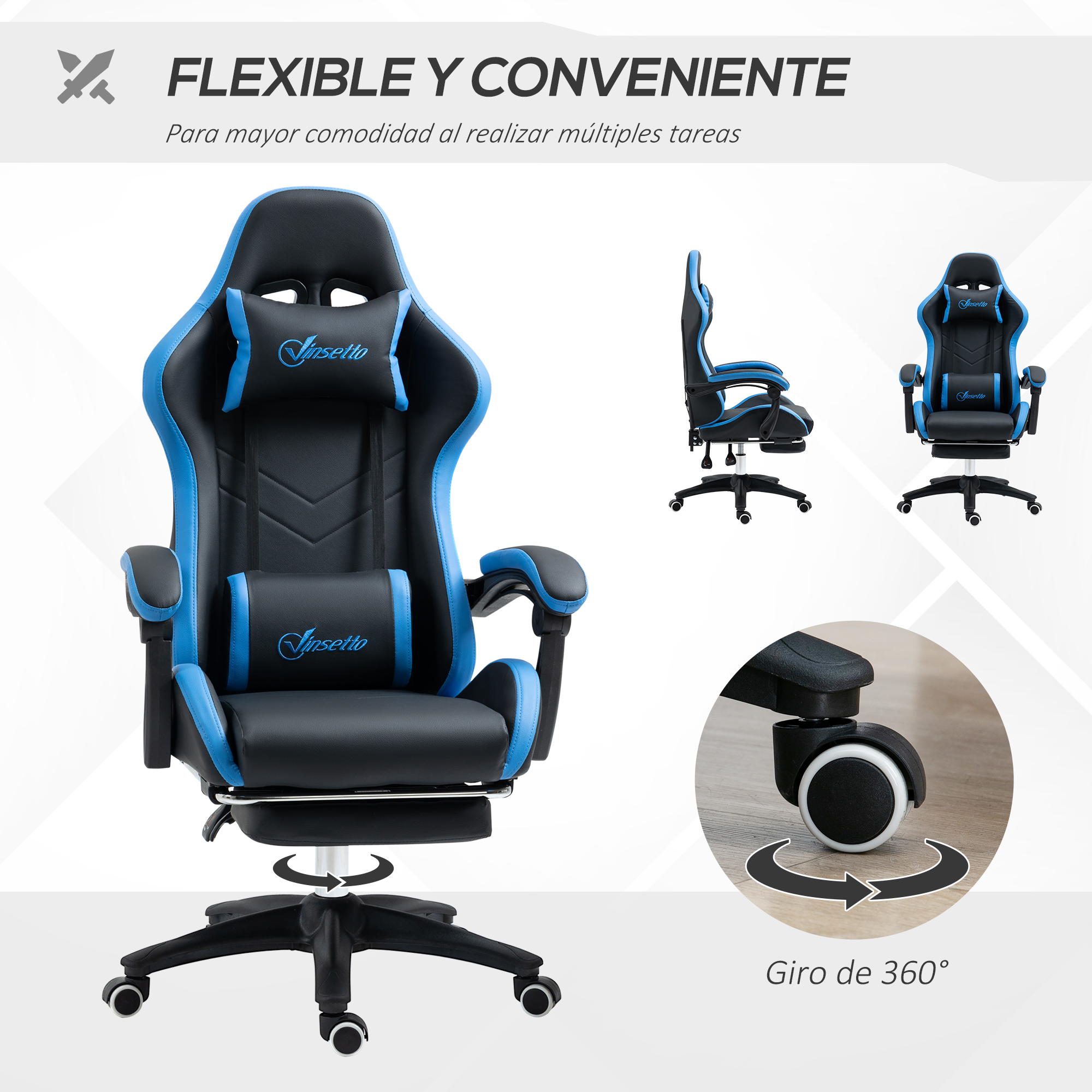 Una silla gamer negra y azul con reposapiés ajustable y ruedas para giro de 360 grados.