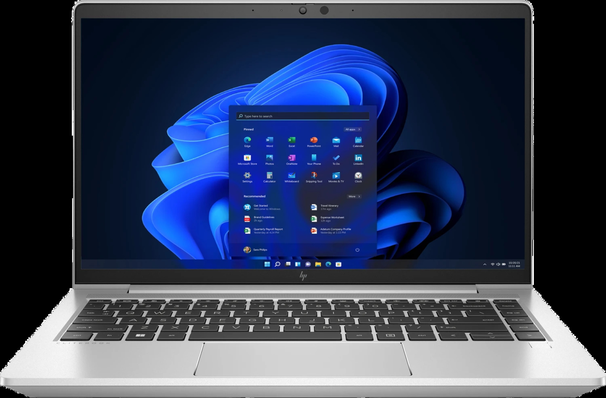 Ein silberner Laptop mit Windows 11-Startmenü und blauem Hintergrundbild.