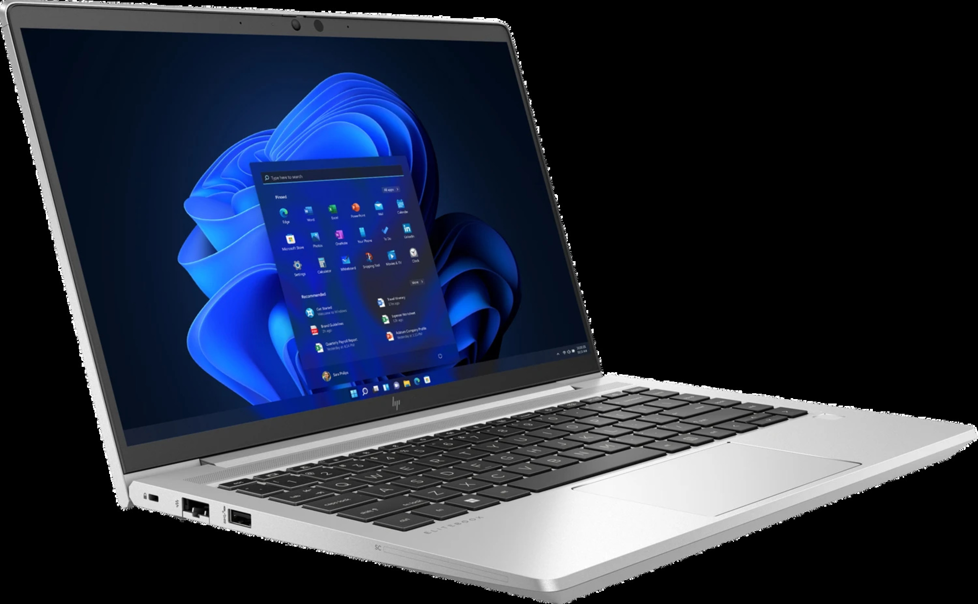 Ein silberner Laptop mit einem beleuchteten Bildschirm, der das Windows-Startmenü anzeigt.