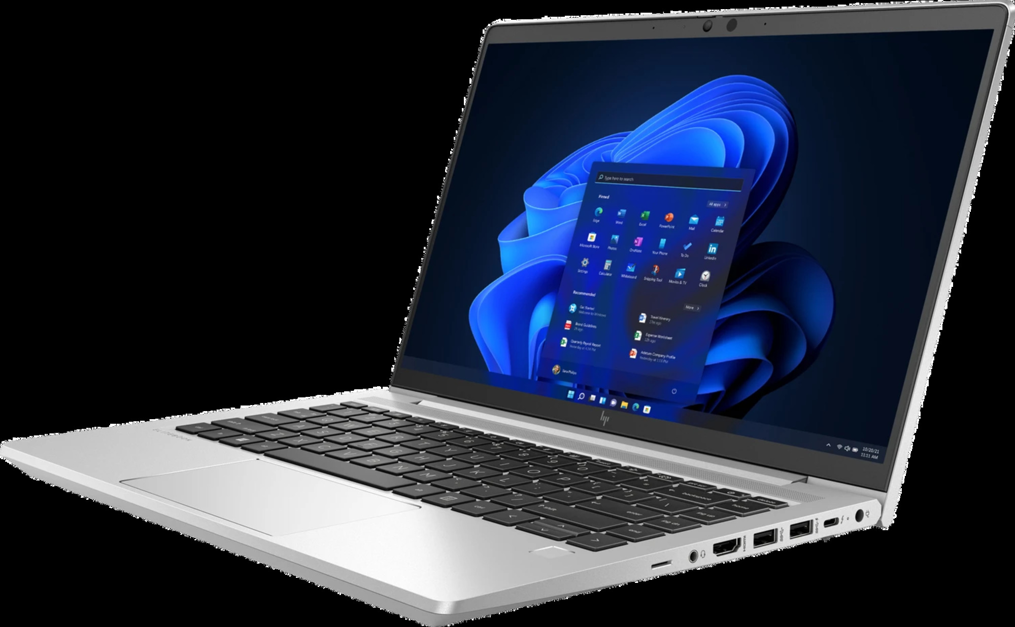 Ein silberner Laptop mit einem dunklen Hintergrund und einem blauen Hintergrundbild.