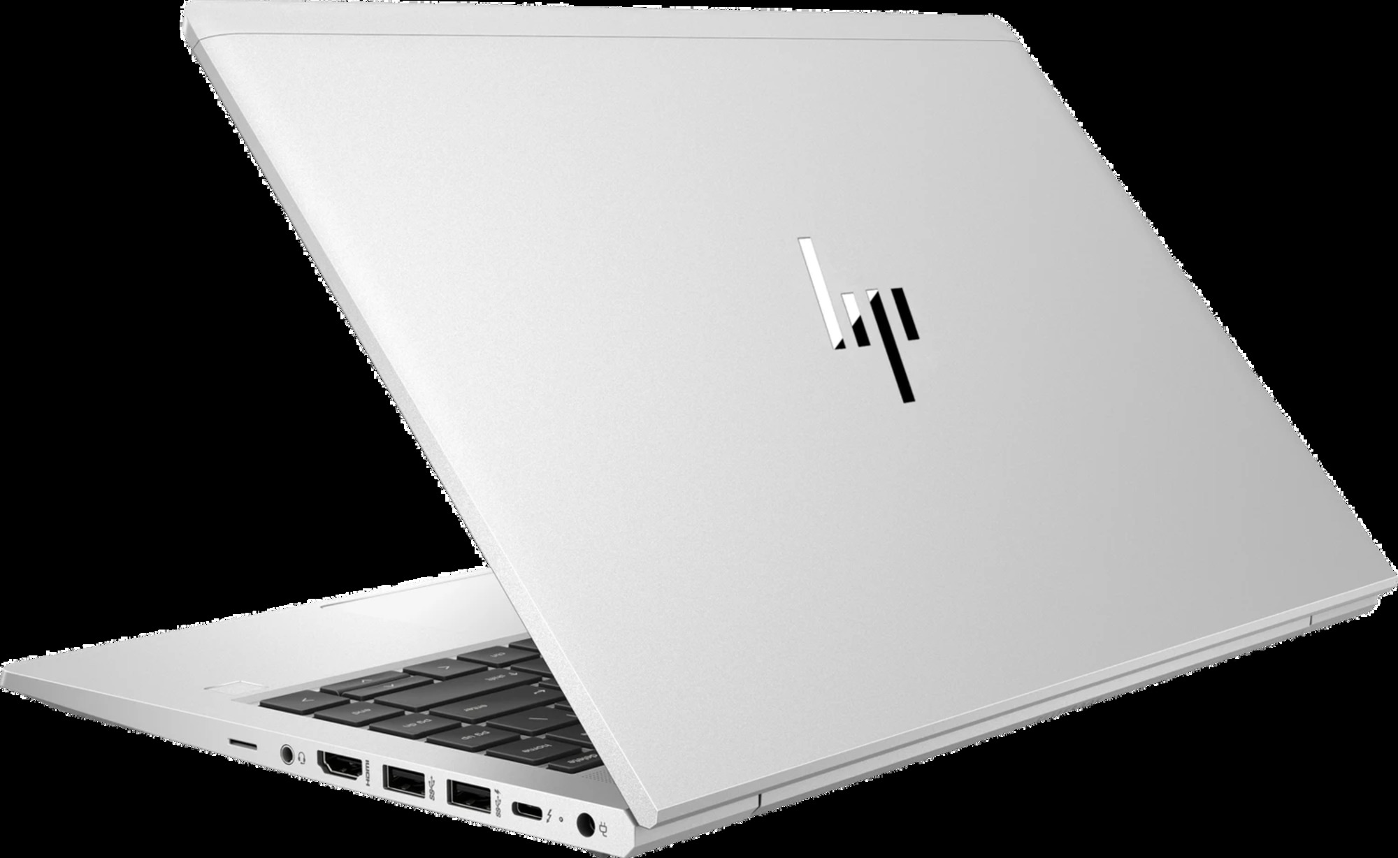 Ein silberner Laptop mit geöffnetem Deckel und sichtbarer Tastatur.