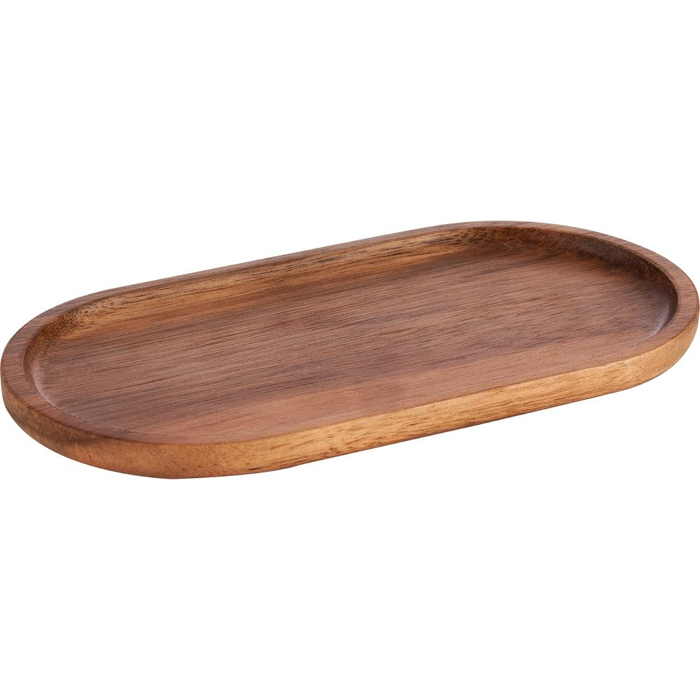 Ein ovales Holztablett mit natürlicher Maserung vor weißem Hintergrund.