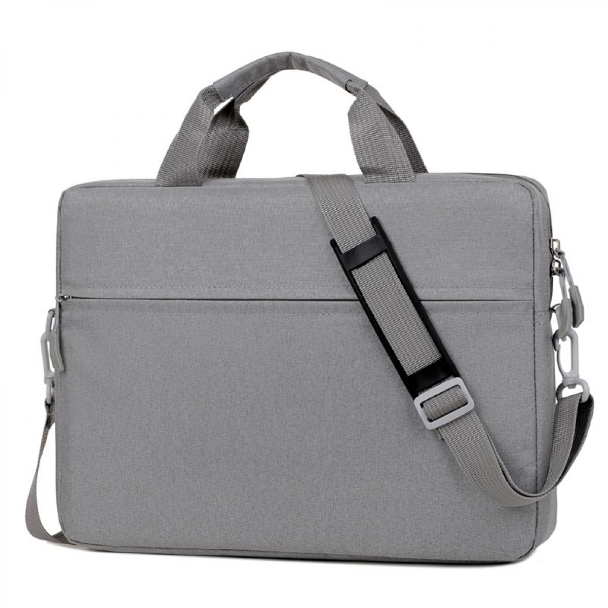 Eine graue Laptoptasche mit Tragegriff und Umhängegurt. Schlichtes Design.
