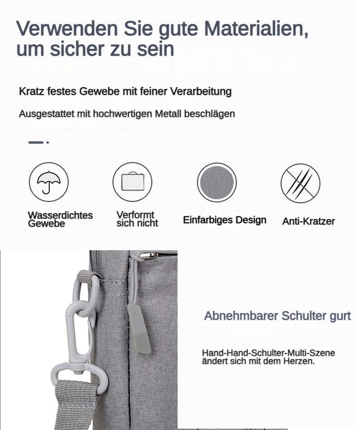 Graue Tasche mit Symbolen: Regenschirm, Aktenkoffer, Kreis, Kreuz. Abnehmbarer Gurt.