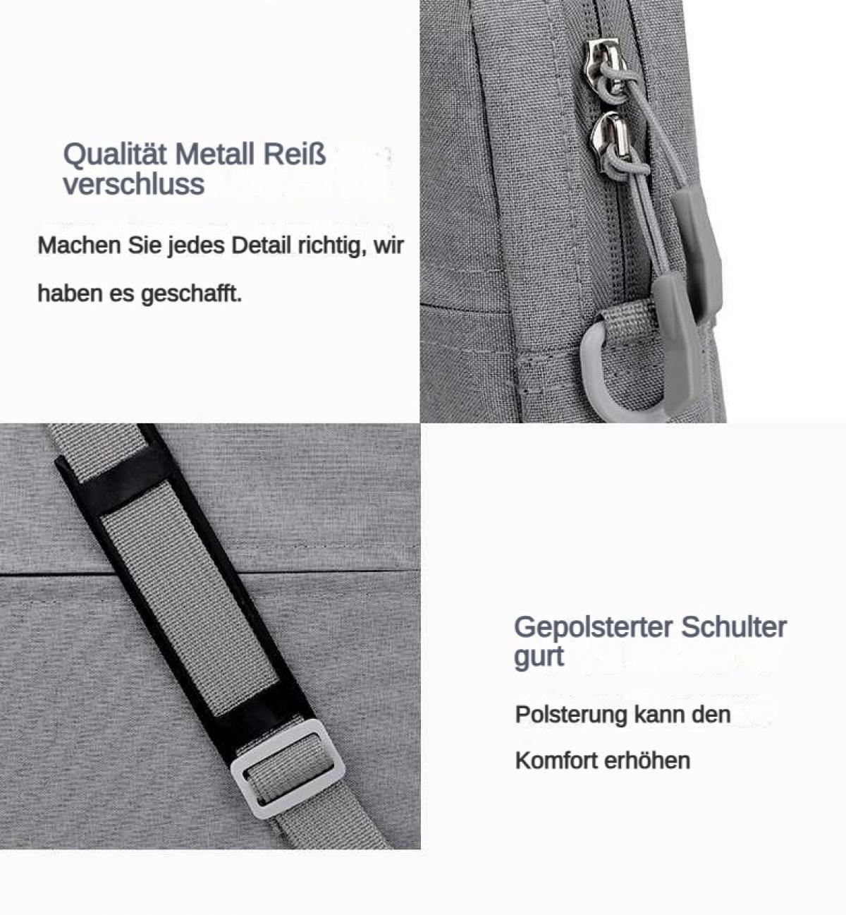 Graue Tasche mit Metallreißverschluss und gepolstertem Schultergurt.
