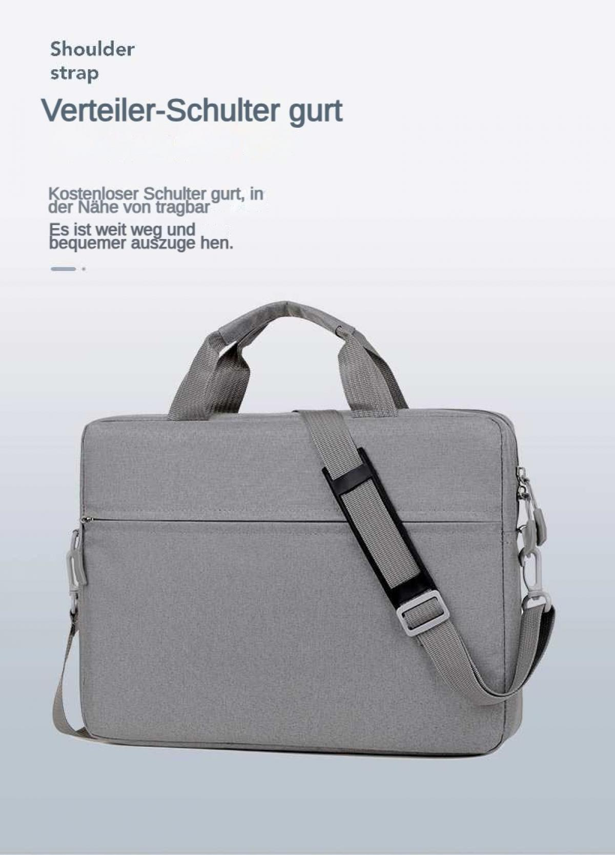 Graue Laptoptasche mit Schultergurt und Tragegriffen.