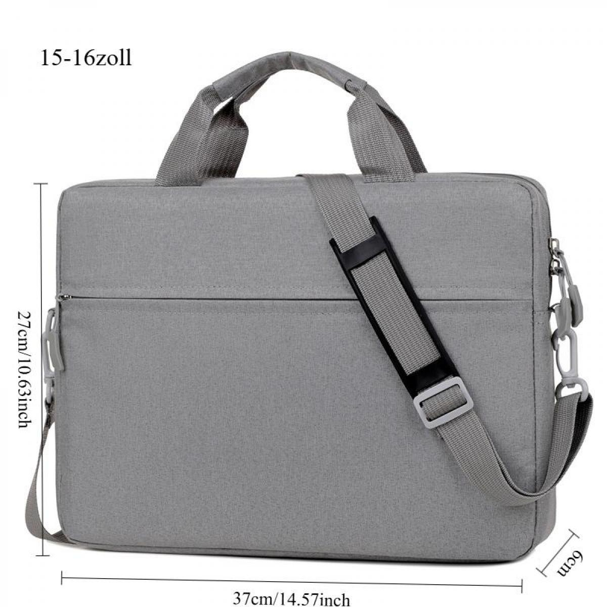 Graue Laptoptasche mit Tragegriffen und Schultergurt. Maße: 37x27x6cm.