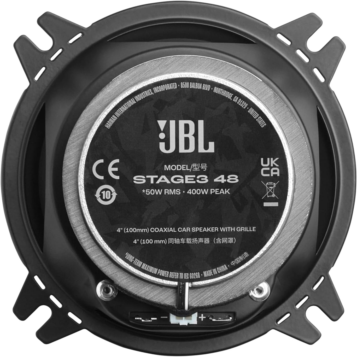 Ein JBL Stage3 48 Koaxial-Autolautsprecher mit schwarzem Rahmen und Etikett.