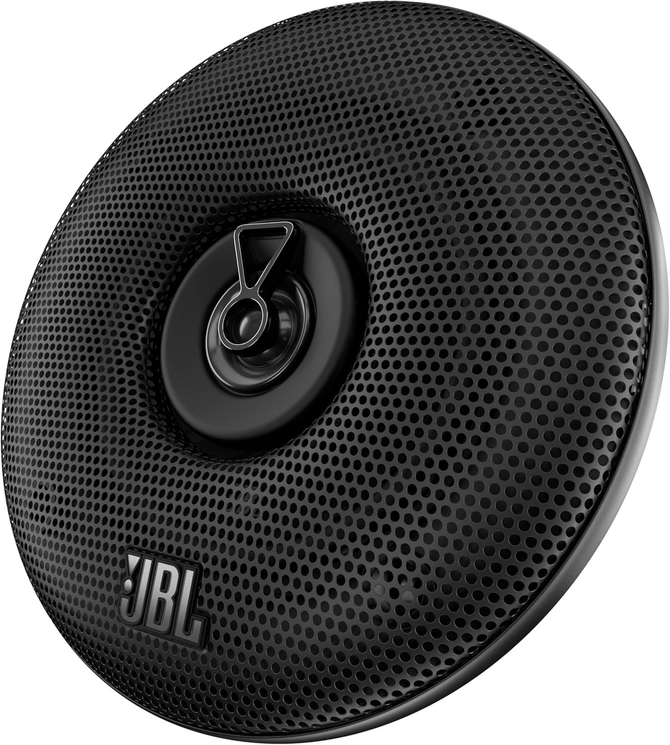 Ein schwarzer runder Lautsprecher mit perforierter Vorderseite und JBL-Logo.